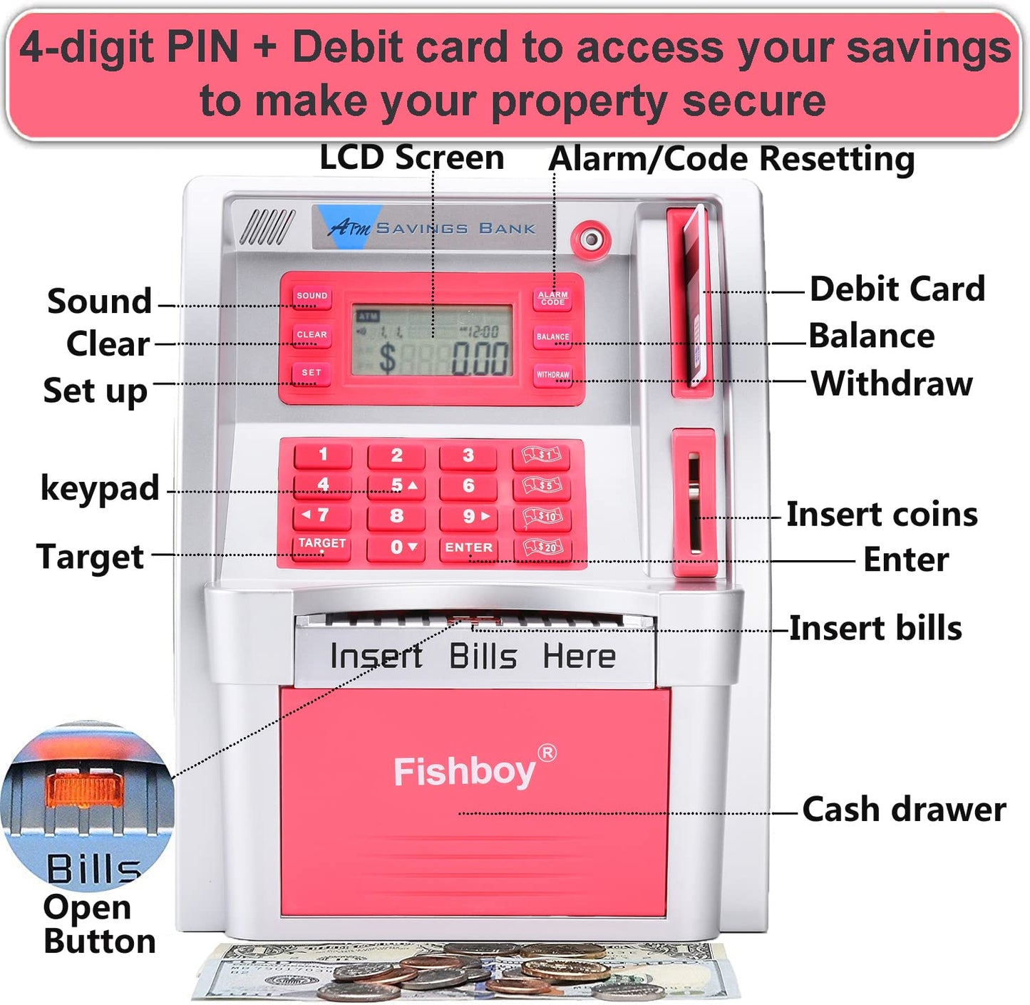 Fishboy Upgraded ATM Piggy Bank for Real Money for Kids with Debit Card, Bill Feeder, Coin Recognition, Balance Calculator, Digital Electronic Savings Safe Machine Box