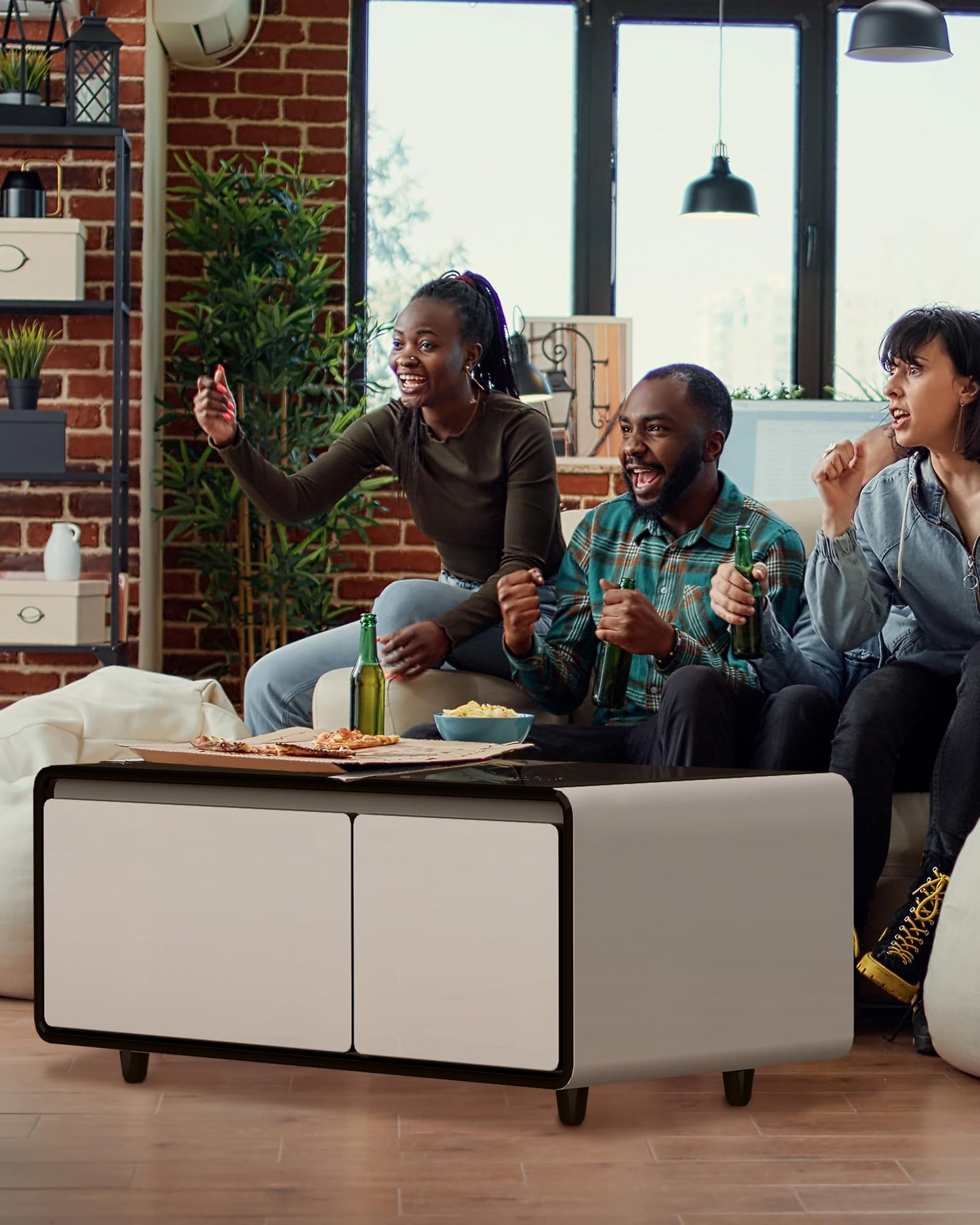 LIVTAB Smart Coffee Table, 27.8" D x 51" W x 18.1" H, Living Room Table with Built in Fridge and Speakers, Smart Table with 15W Wireless Charging, USB Chargers and 110V Outlets (White)