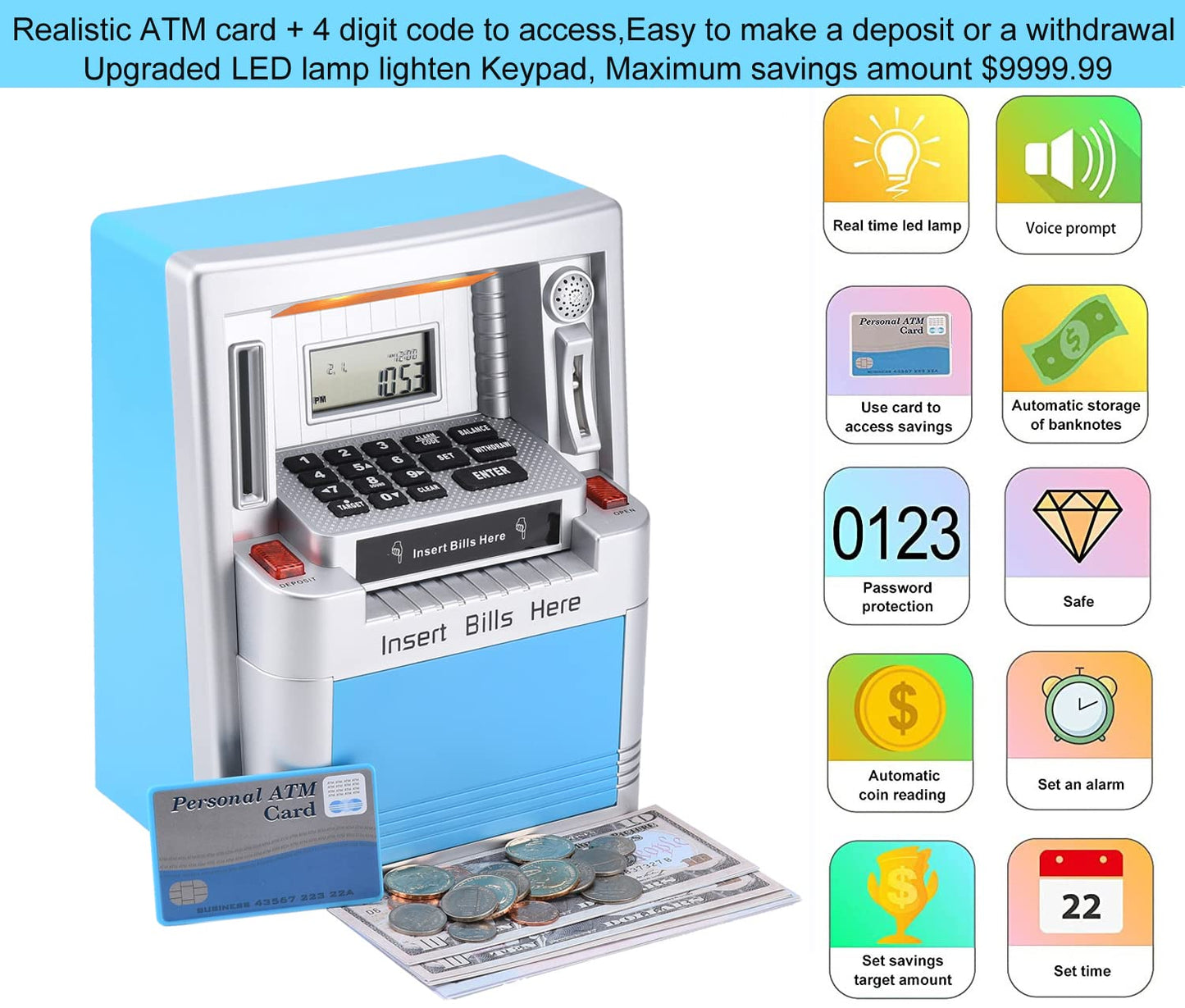 Fishboy Upgraded ATM Piggy Bank for Real Money for Kids with Debit Card, Bill Feeder, Coin Recognition, Balance Calculator, Digital Electronic Savings Safe Machine Box