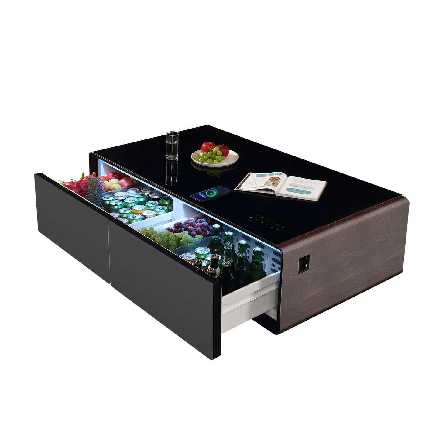 LIVTAB Smart Coffee Table, 27.8" D x 51" W x 18.1" H, Living Room Table with Built in Fridge and Speakers, Smart Table with 15W Wireless Charging, USB Chargers and 110V Outlets (White)
