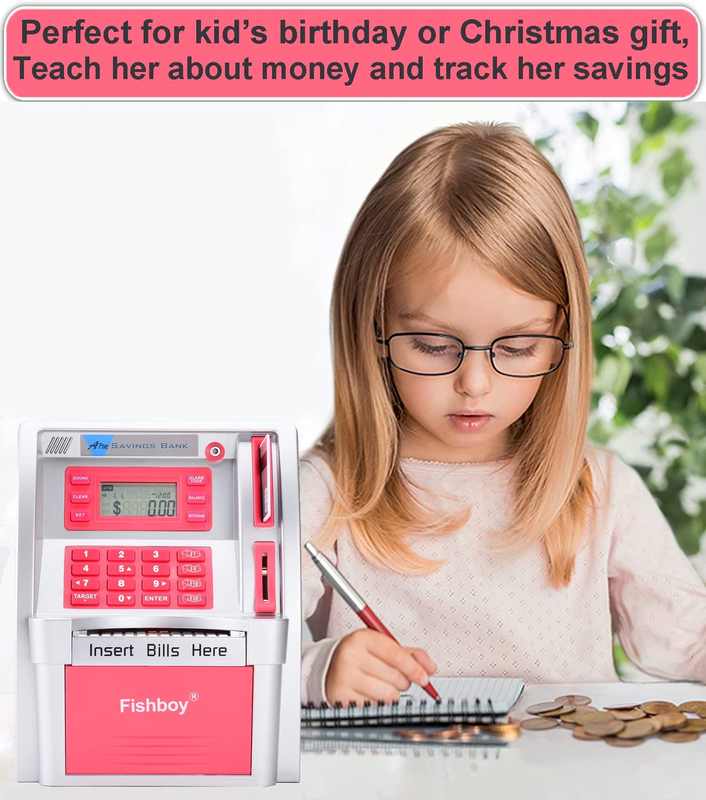 Fishboy Upgraded ATM Piggy Bank for Real Money for Kids with Debit Card, Bill Feeder, Coin Recognition, Balance Calculator, Digital Electronic Savings Safe Machine Box