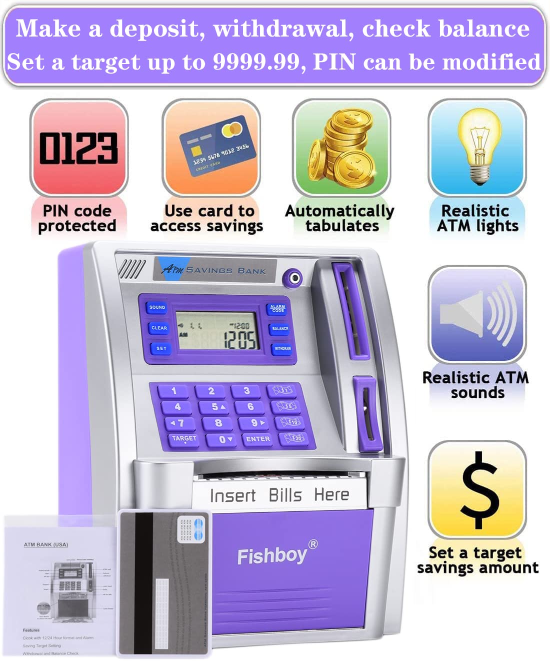 Fishboy Upgraded ATM Piggy Bank for Real Money for Kids with Debit Card, Bill Feeder, Coin Recognition, Balance Calculator, Digital Electronic Savings Safe Machine Box