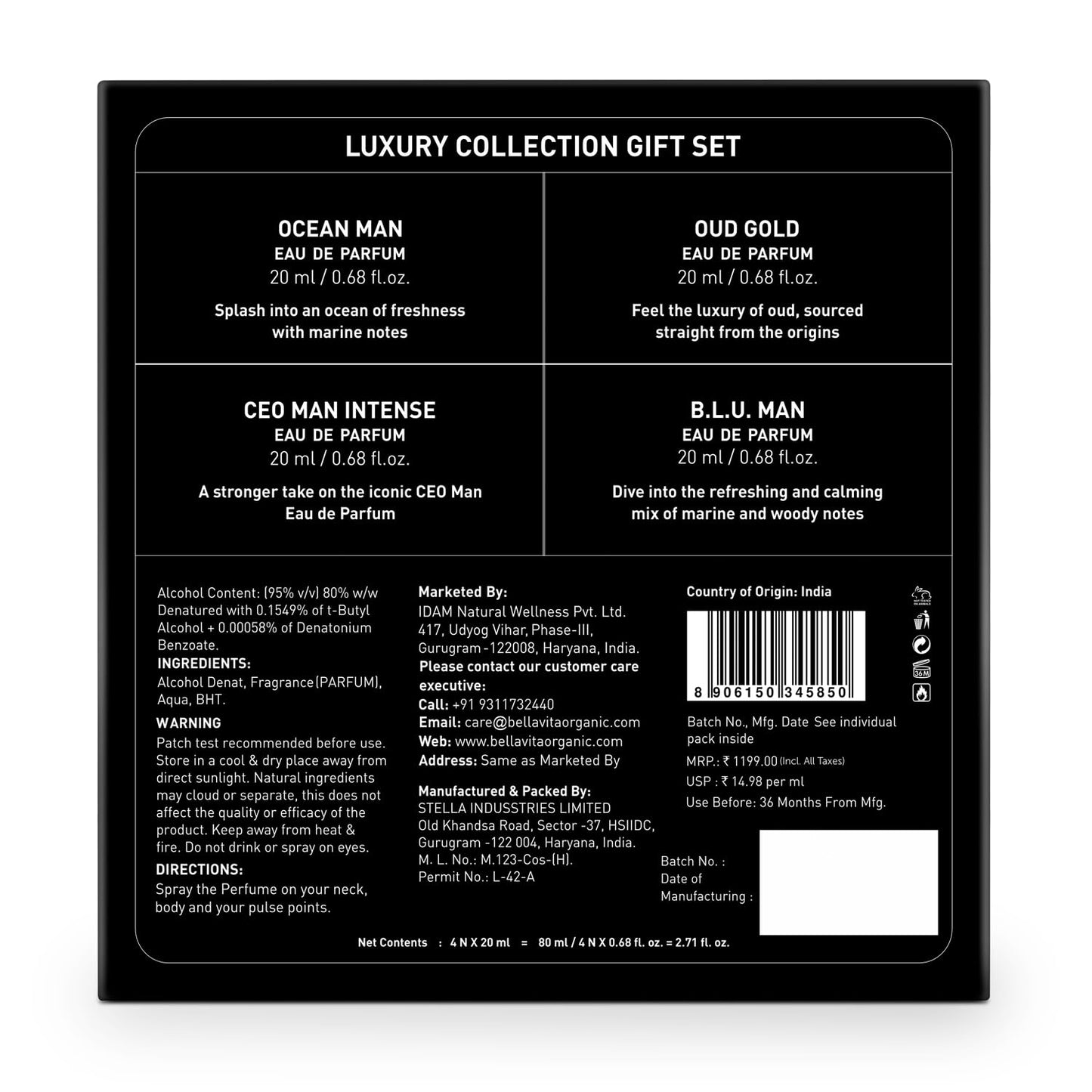 Perfume Set for Women and Men (4x0.68 fl. oz.) | Unisex | Includes: Skai, Fresh, White Oud, Honey Oud | Ideal for trials, gifting, or mix-and-match