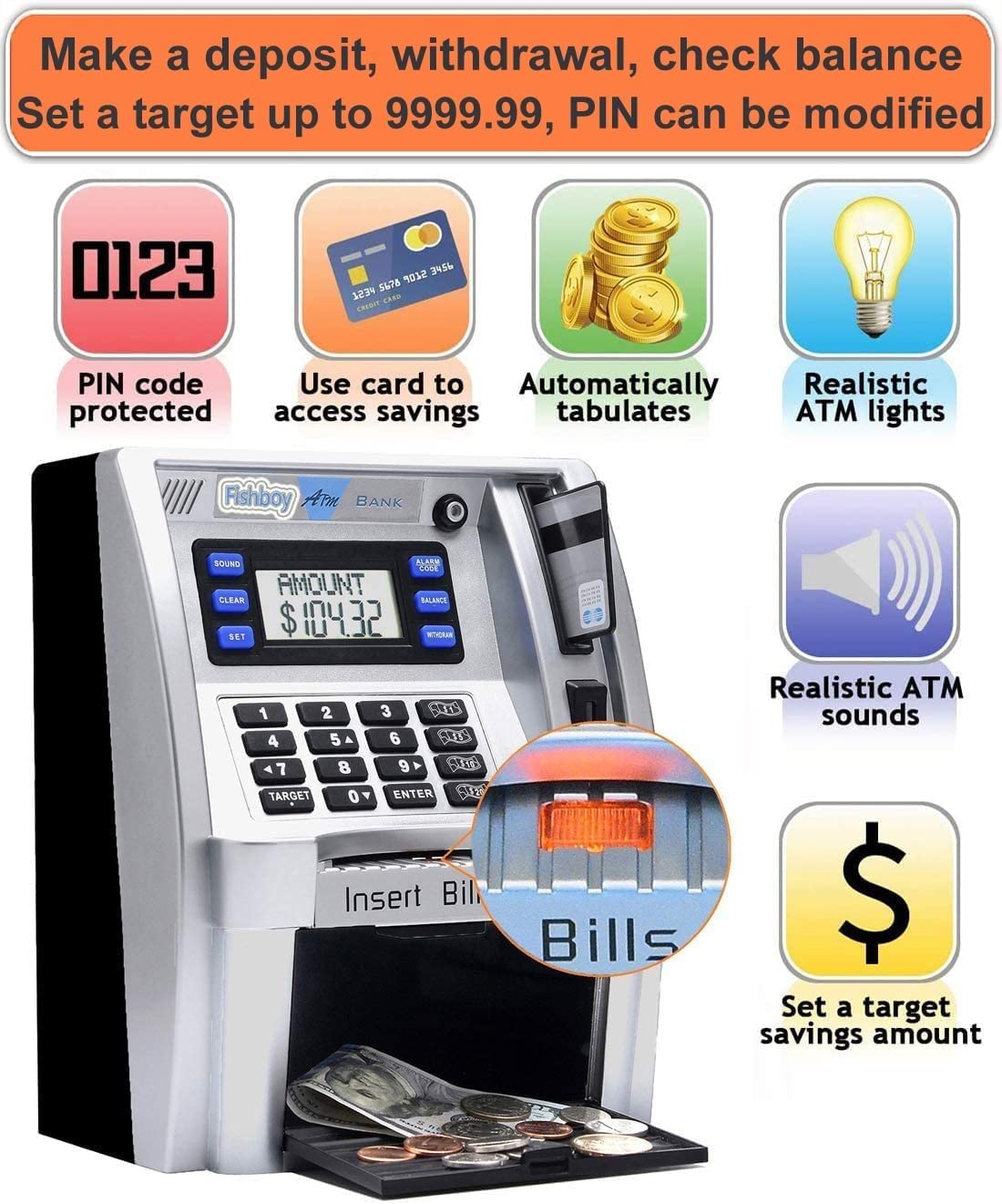 Fishboy Upgraded ATM Piggy Bank for Real Money for Kids with Debit Card, Bill Feeder, Coin Recognition, Balance Calculator, Digital Electronic Savings Safe Machine Box