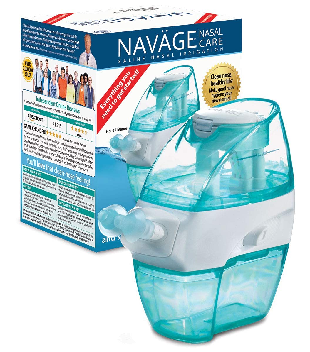 Navage Deluxe Bundle Nasal Irrigation System - Saline Nasal Rinse Kit with 1 Nose Cleaner, 20 Salt Pods, Black Travel Bag and 1 Countertop Caddy