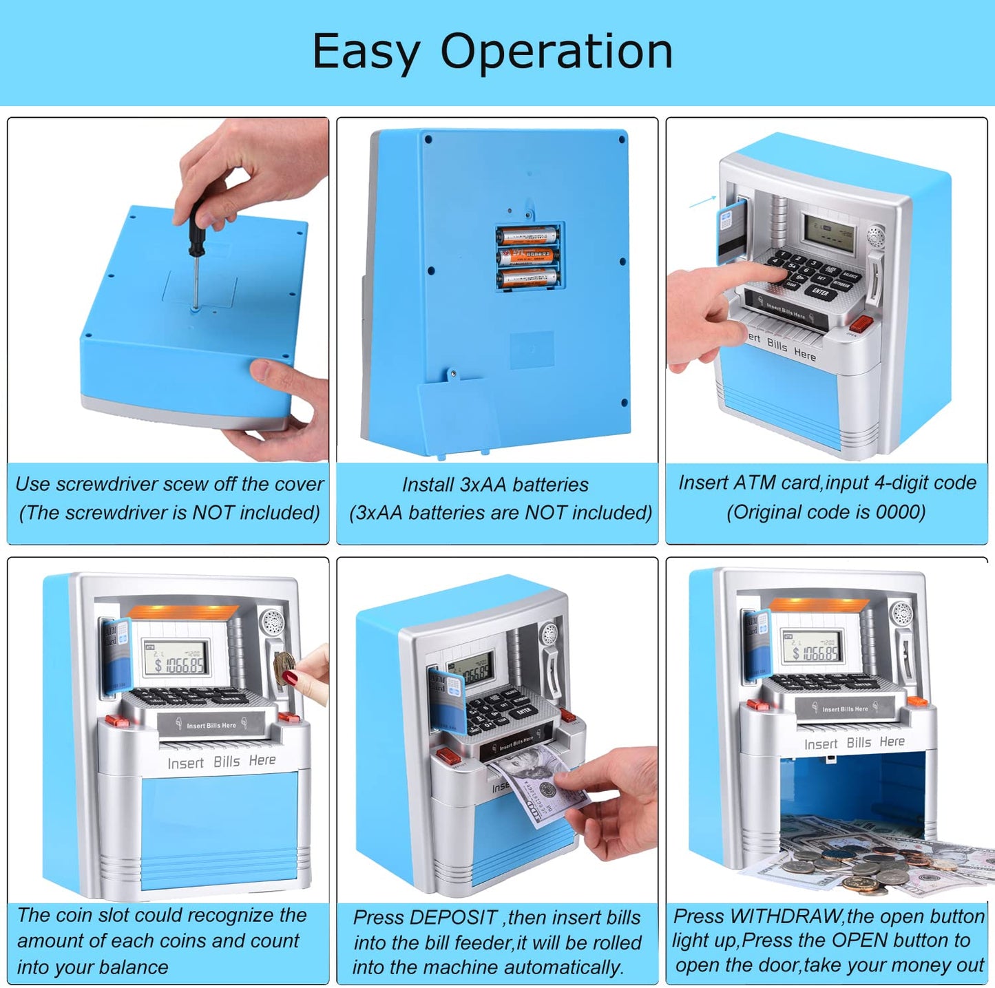 Fishboy Upgraded ATM Piggy Bank for Real Money for Kids with Debit Card, Bill Feeder, Coin Recognition, Balance Calculator, Digital Electronic Savings Safe Machine Box