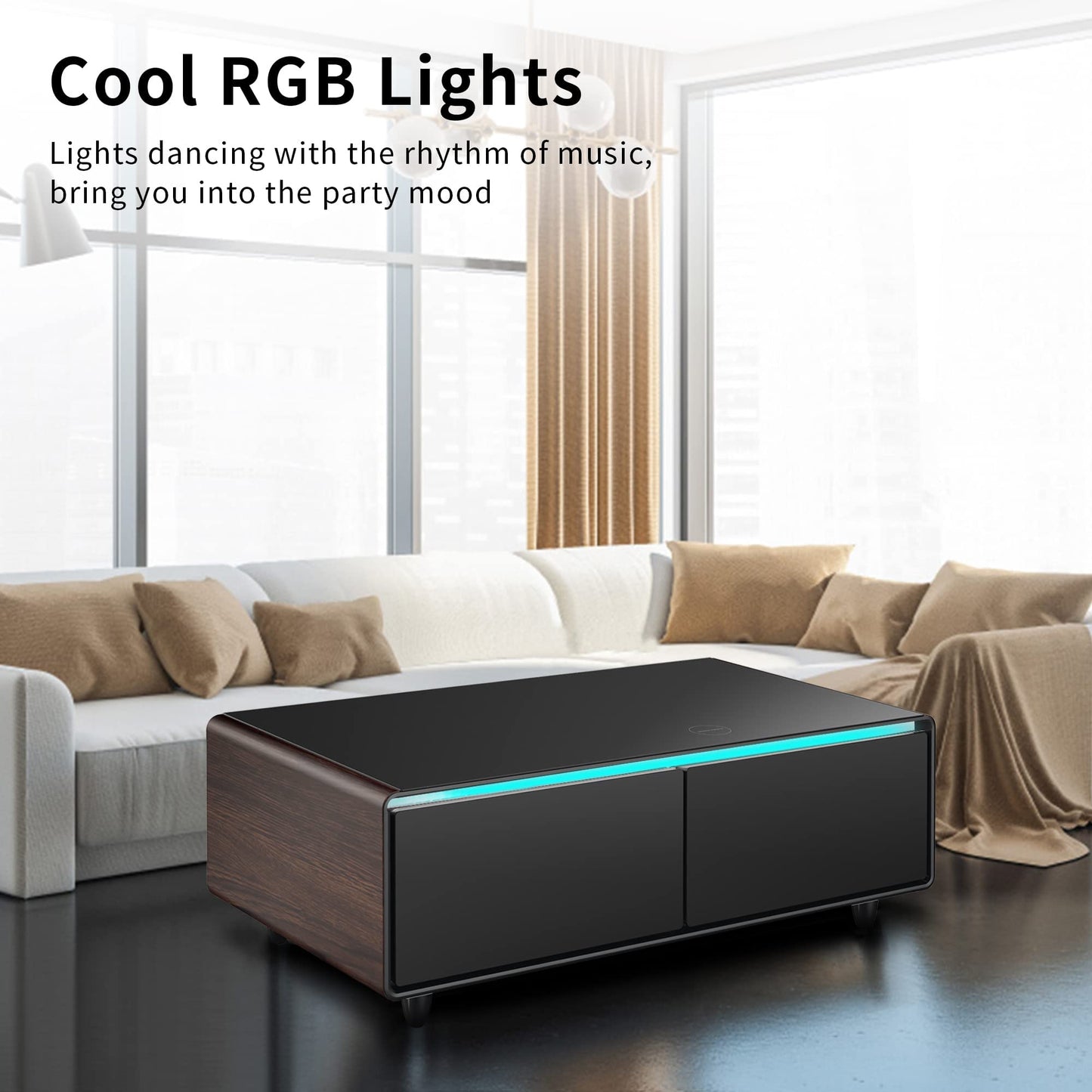 LIVTAB Smart Coffee Table, 27.8" D x 51" W x 18.1" H, Living Room Table with Built in Fridge and Speakers, Smart Table with 15W Wireless Charging, USB Chargers and 110V Outlets (White)