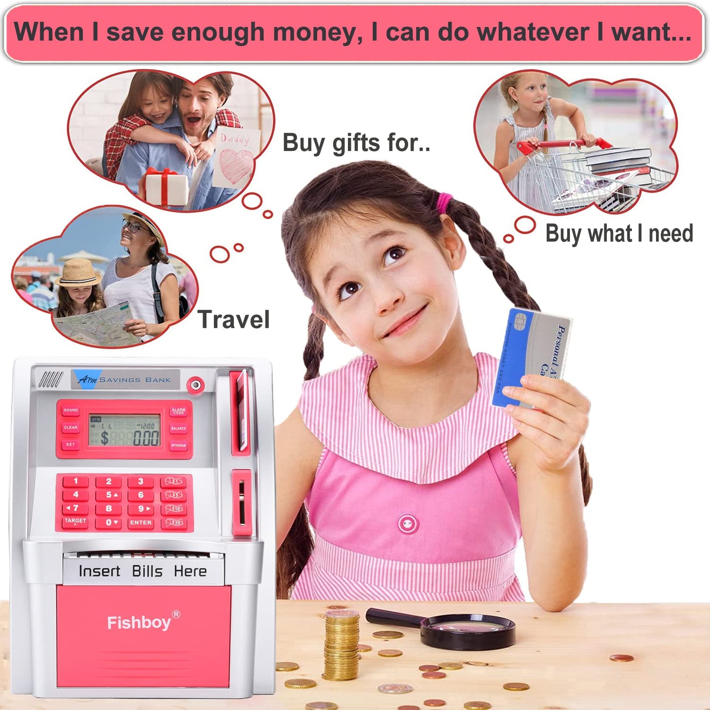 Fishboy Upgraded ATM Piggy Bank for Real Money for Kids with Debit Card, Bill Feeder, Coin Recognition, Balance Calculator, Digital Electronic Savings Safe Machine Box