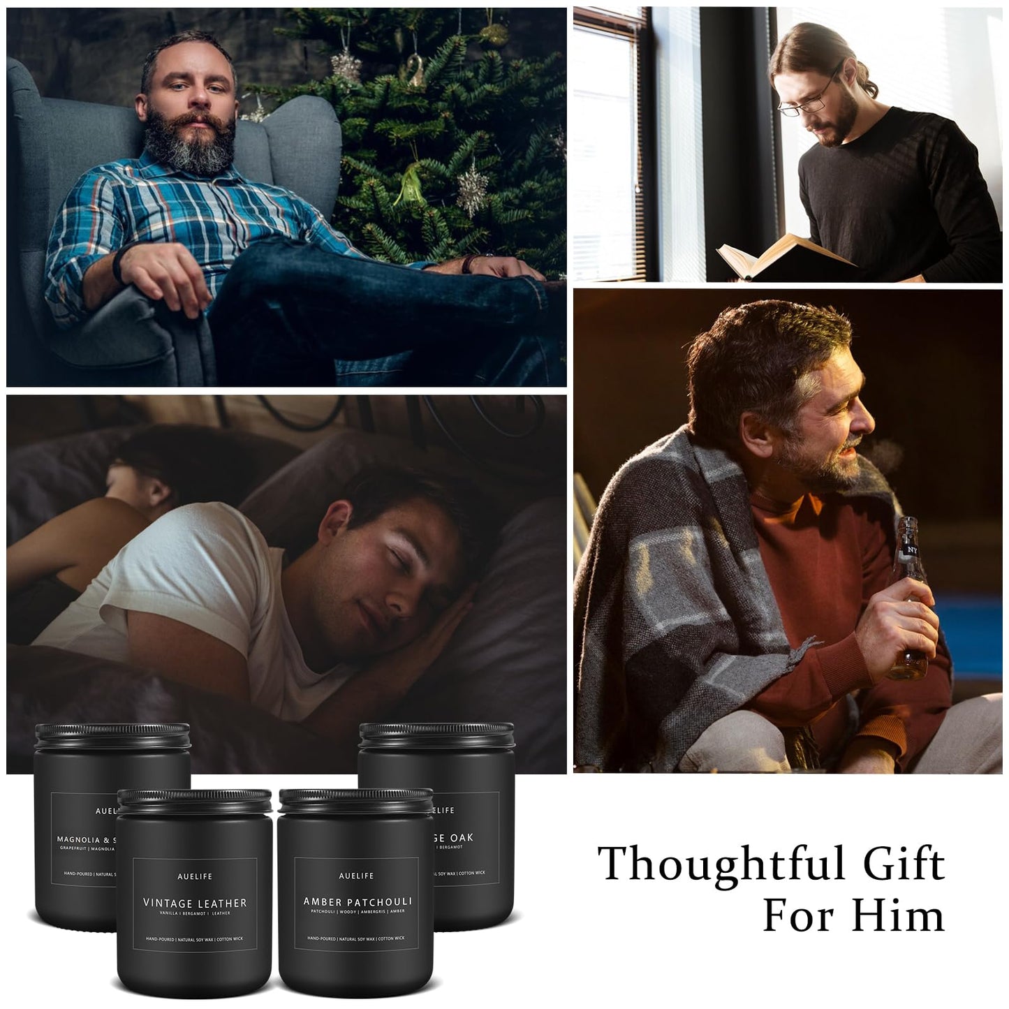 Scented Candles Set | Men Candle Set, Scented Candles for Home, Gifts for Men - 4 Pack Men Candle Gifts Soy Candles Scents of Lavender/Leather/Oak/Smoke & Vanilla