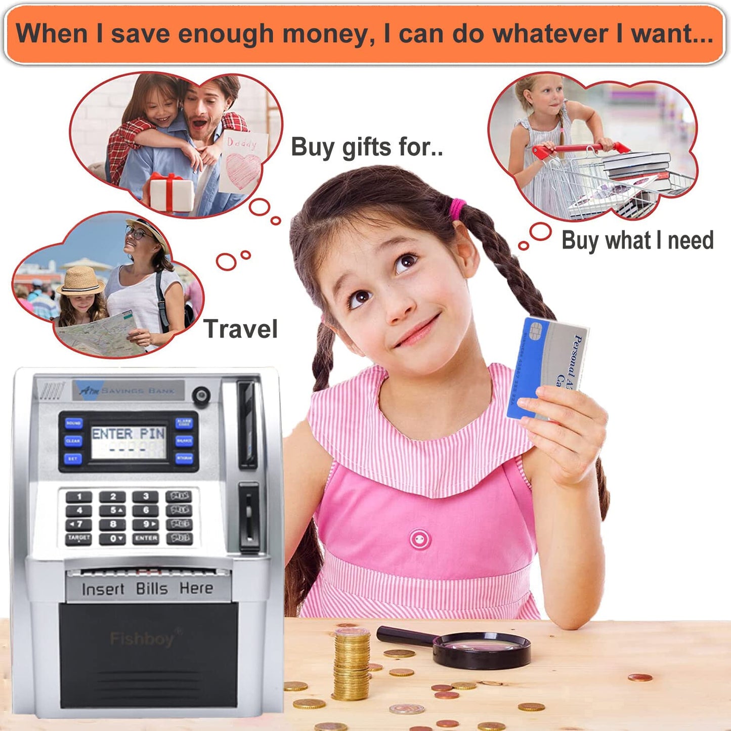 Fishboy Upgraded ATM Piggy Bank for Real Money for Kids with Debit Card, Bill Feeder, Coin Recognition, Balance Calculator, Digital Electronic Savings Safe Machine Box