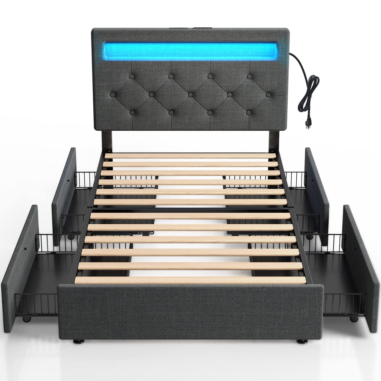 Rolanstar Twin Size Bed Frame with Charging Station and LED Lights, Upholstered Bed with Adjustable Headboard and 4 Storage Drawers, No Box Spring Needed, Easy Assembly, Dark Grey
