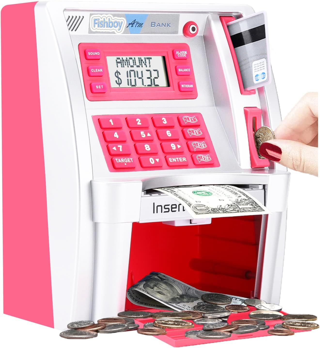 Fishboy Upgraded ATM Piggy Bank for Real Money for Kids with Debit Card, Bill Feeder, Coin Recognition, Balance Calculator, Digital Electronic Savings Safe Machine Box