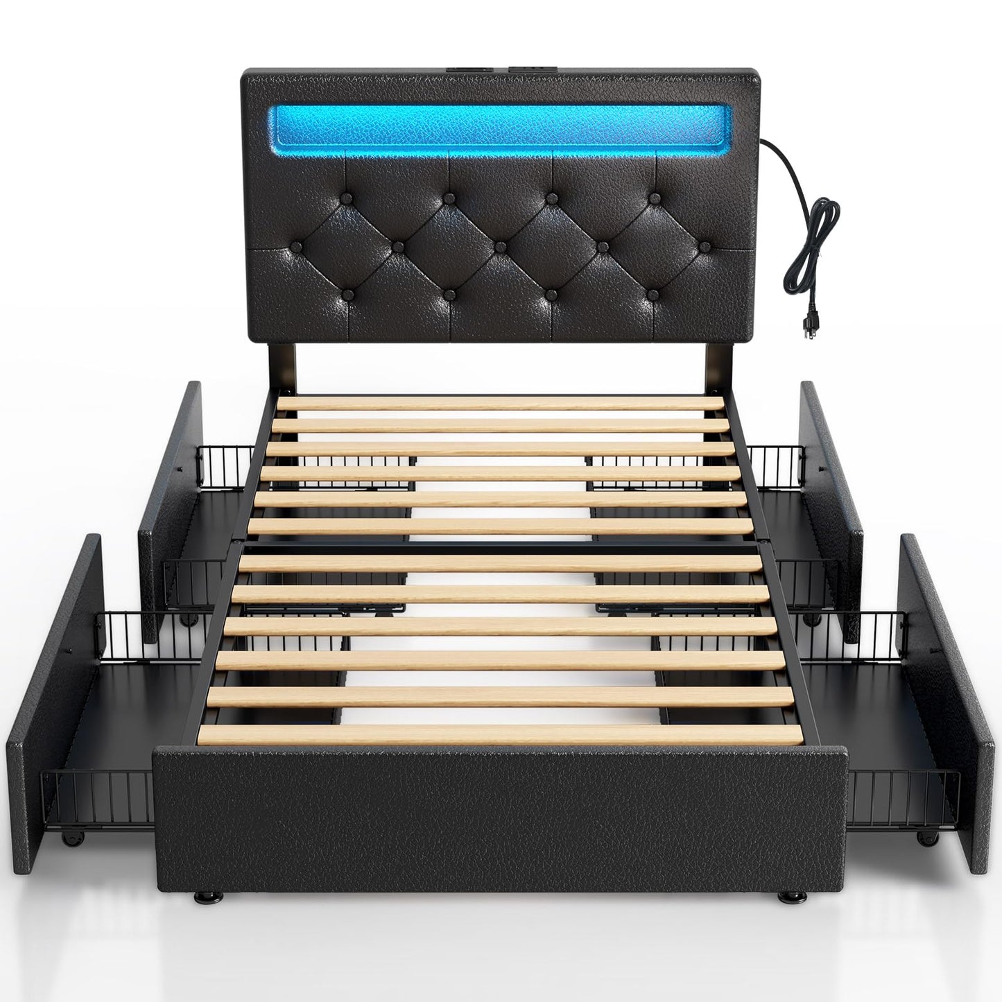 Rolanstar Twin Size Bed Frame with Charging Station and LED Lights, Upholstered Bed with Adjustable Headboard and 4 Storage Drawers, No Box Spring Needed, Easy Assembly, Dark Grey