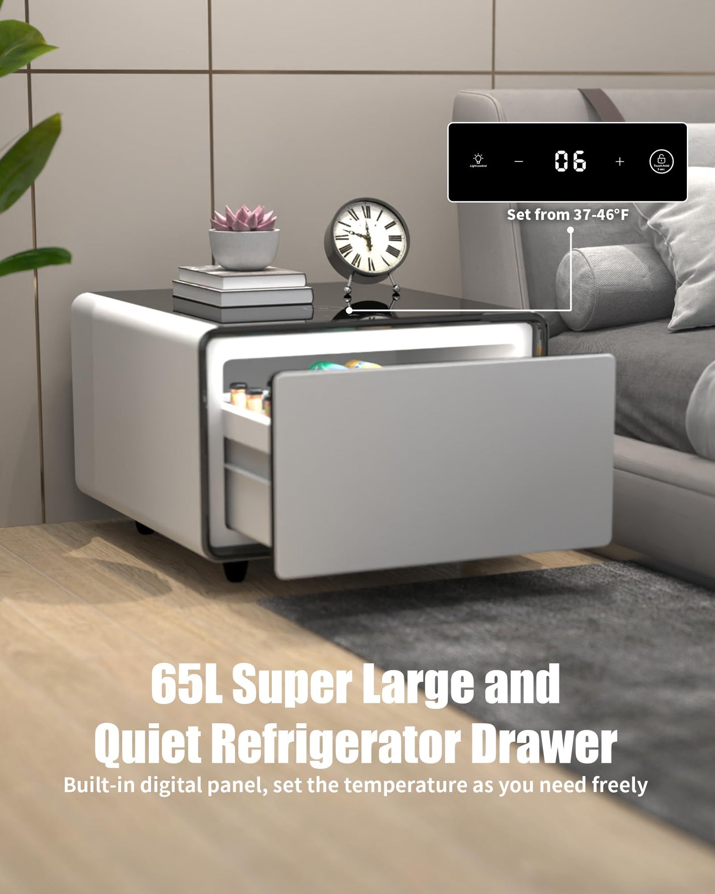 LIVTAB Smart Coffee Table, 27.8" D x 51" W x 18.1" H, Living Room Table with Built in Fridge and Speakers, Smart Table with 15W Wireless Charging, USB Chargers and 110V Outlets (White)