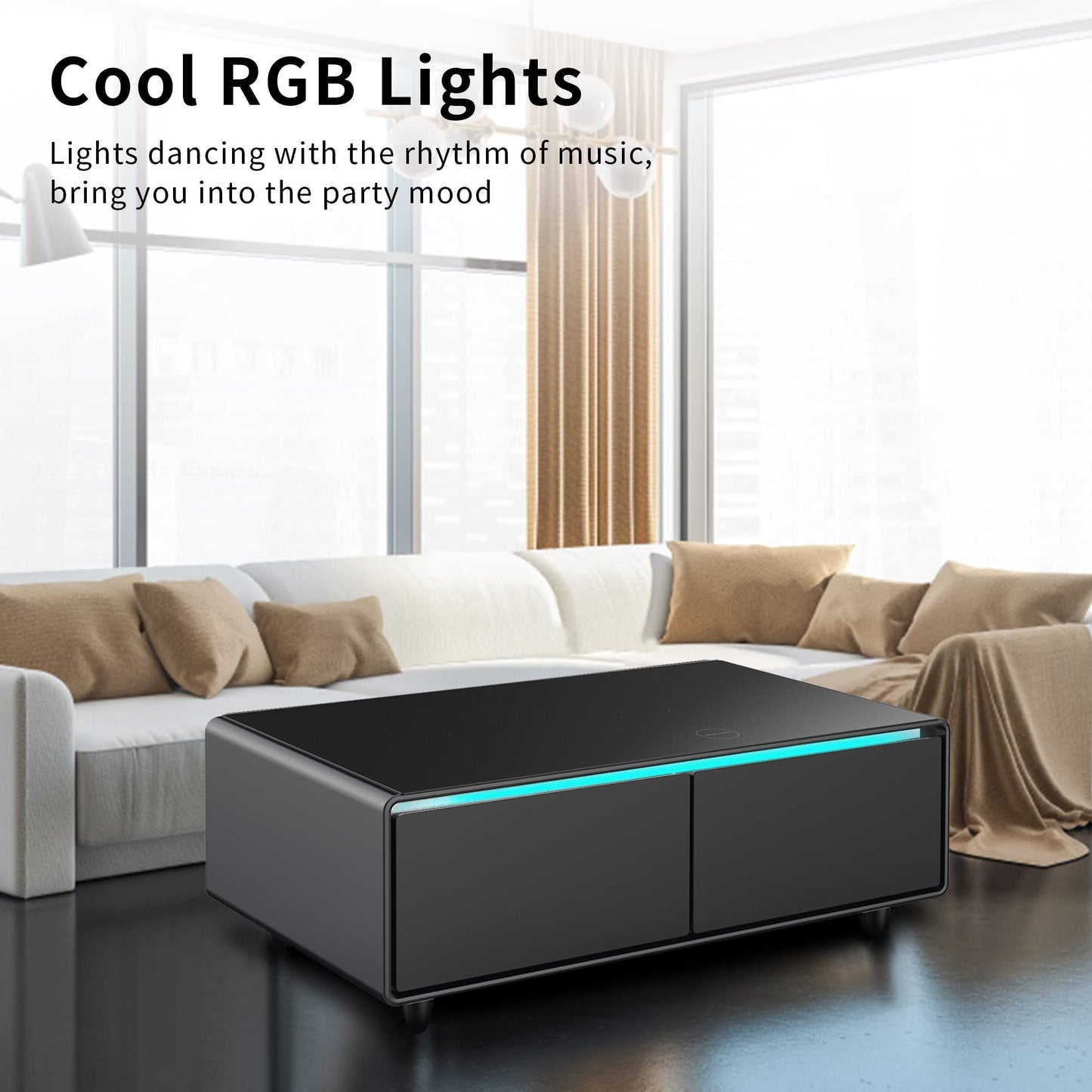 LIVTAB Smart Coffee Table, 27.8" D x 51" W x 18.1" H, Living Room Table with Built in Fridge and Speakers, Smart Table with 15W Wireless Charging, USB Chargers and 110V Outlets (White)