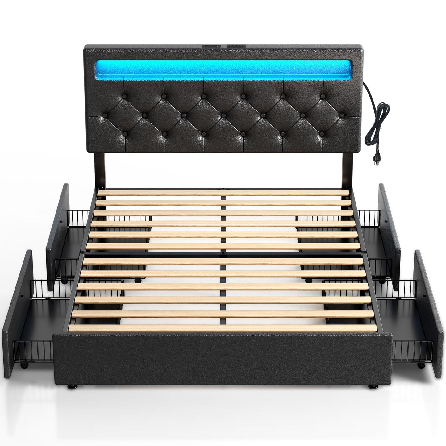 Rolanstar Twin Size Bed Frame with Charging Station and LED Lights, Upholstered Bed with Adjustable Headboard and 4 Storage Drawers, No Box Spring Needed, Easy Assembly, Dark Grey