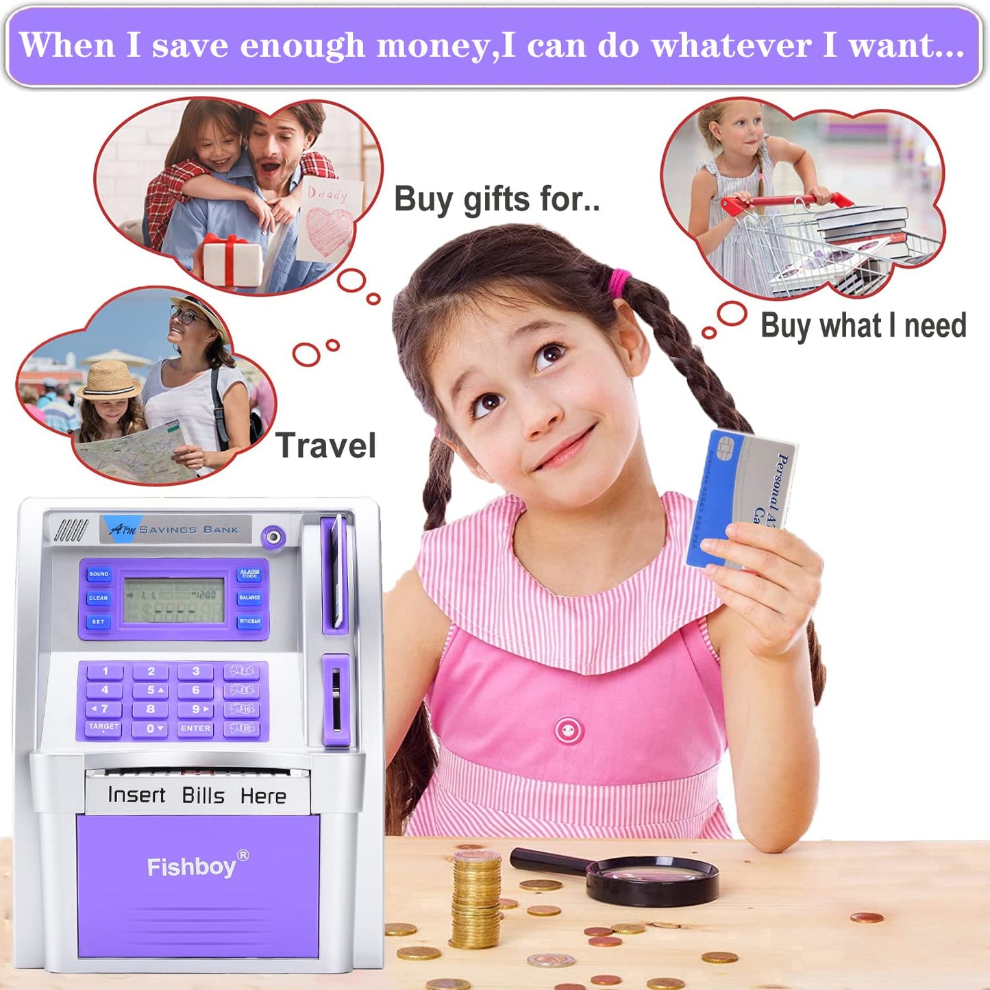 Fishboy Upgraded ATM Piggy Bank for Real Money for Kids with Debit Card, Bill Feeder, Coin Recognition, Balance Calculator, Digital Electronic Savings Safe Machine Box