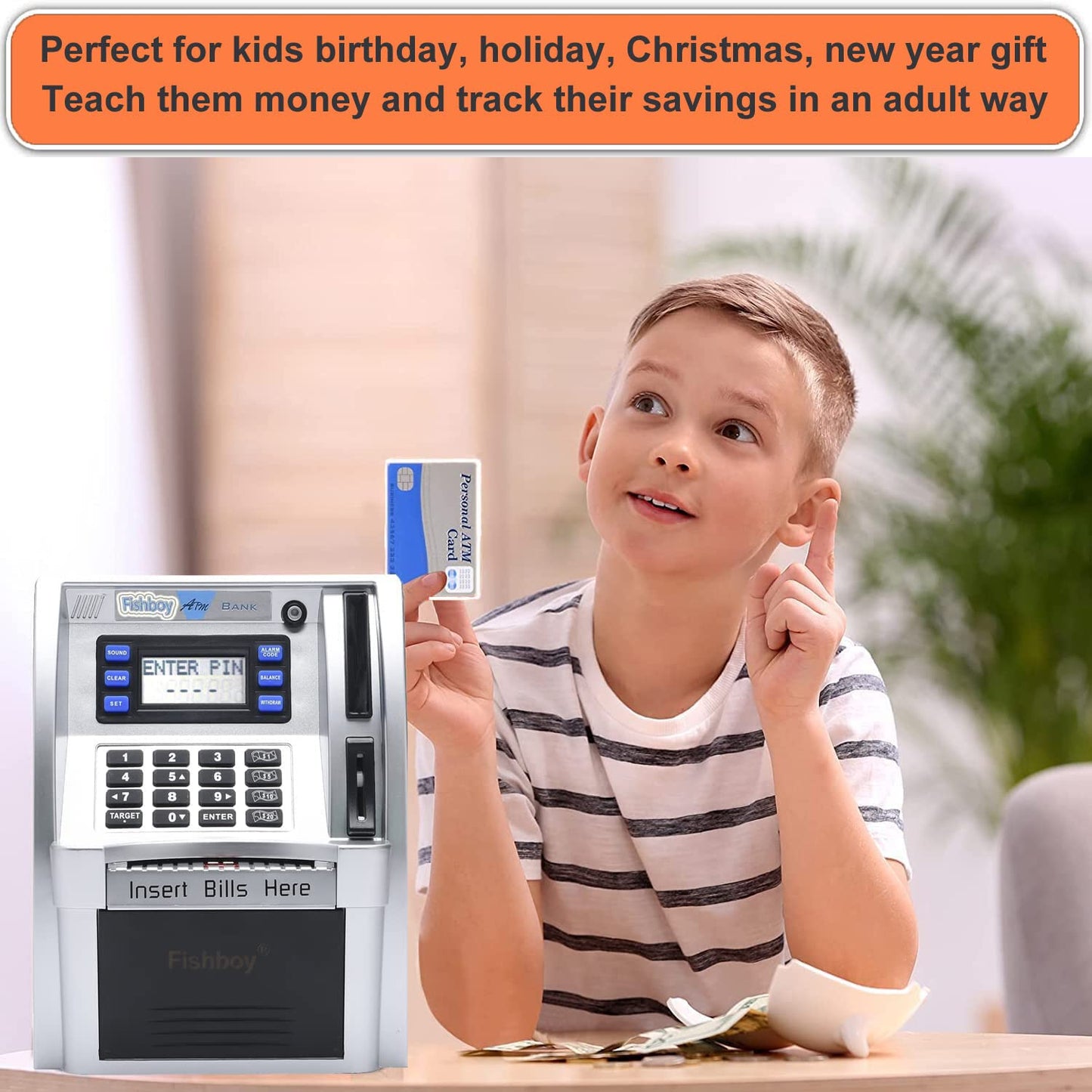 Fishboy Upgraded ATM Piggy Bank for Real Money for Kids with Debit Card, Bill Feeder, Coin Recognition, Balance Calculator, Digital Electronic Savings Safe Machine Box