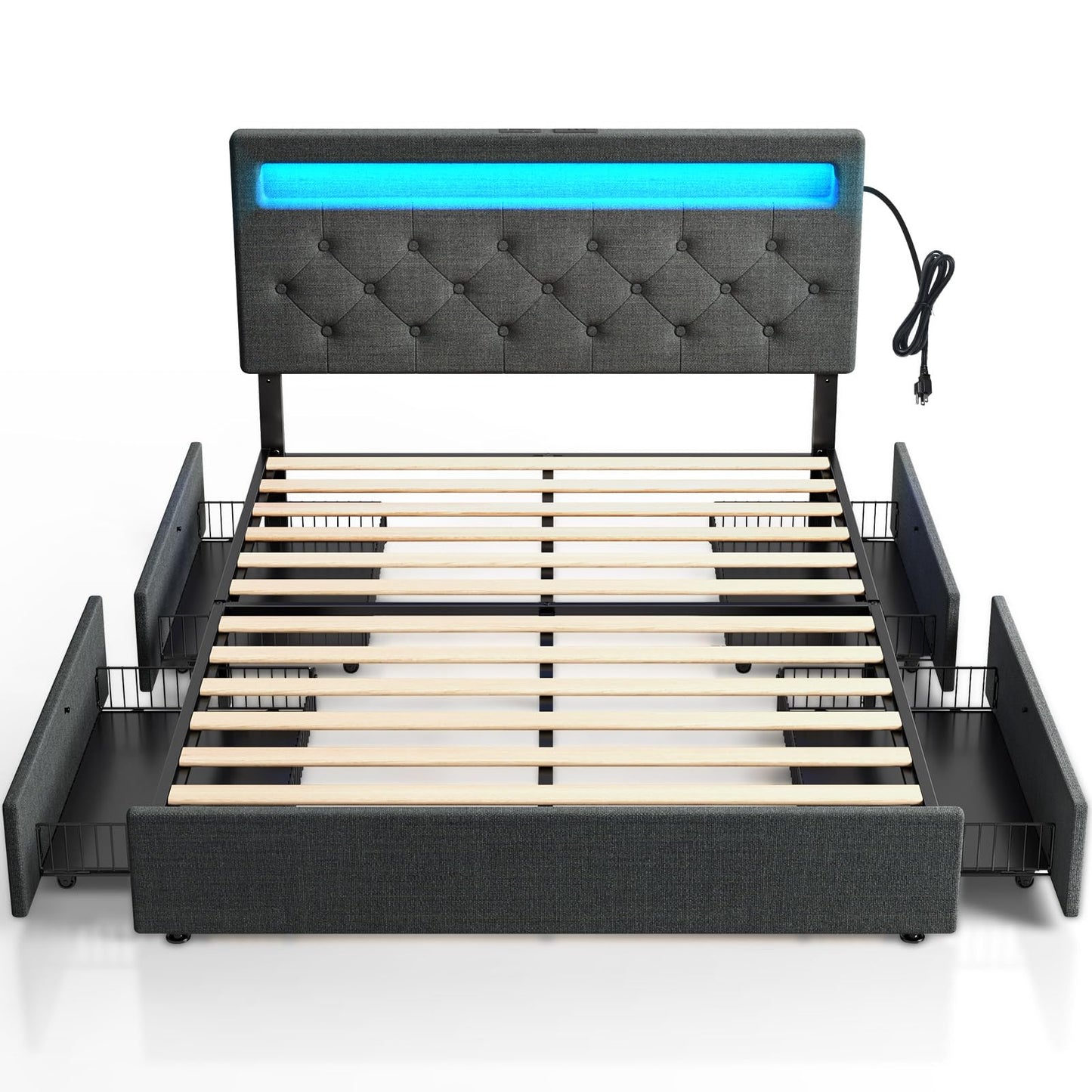 Rolanstar Twin Size Bed Frame with Charging Station and LED Lights, Upholstered Bed with Adjustable Headboard and 4 Storage Drawers, No Box Spring Needed, Easy Assembly, Dark Grey