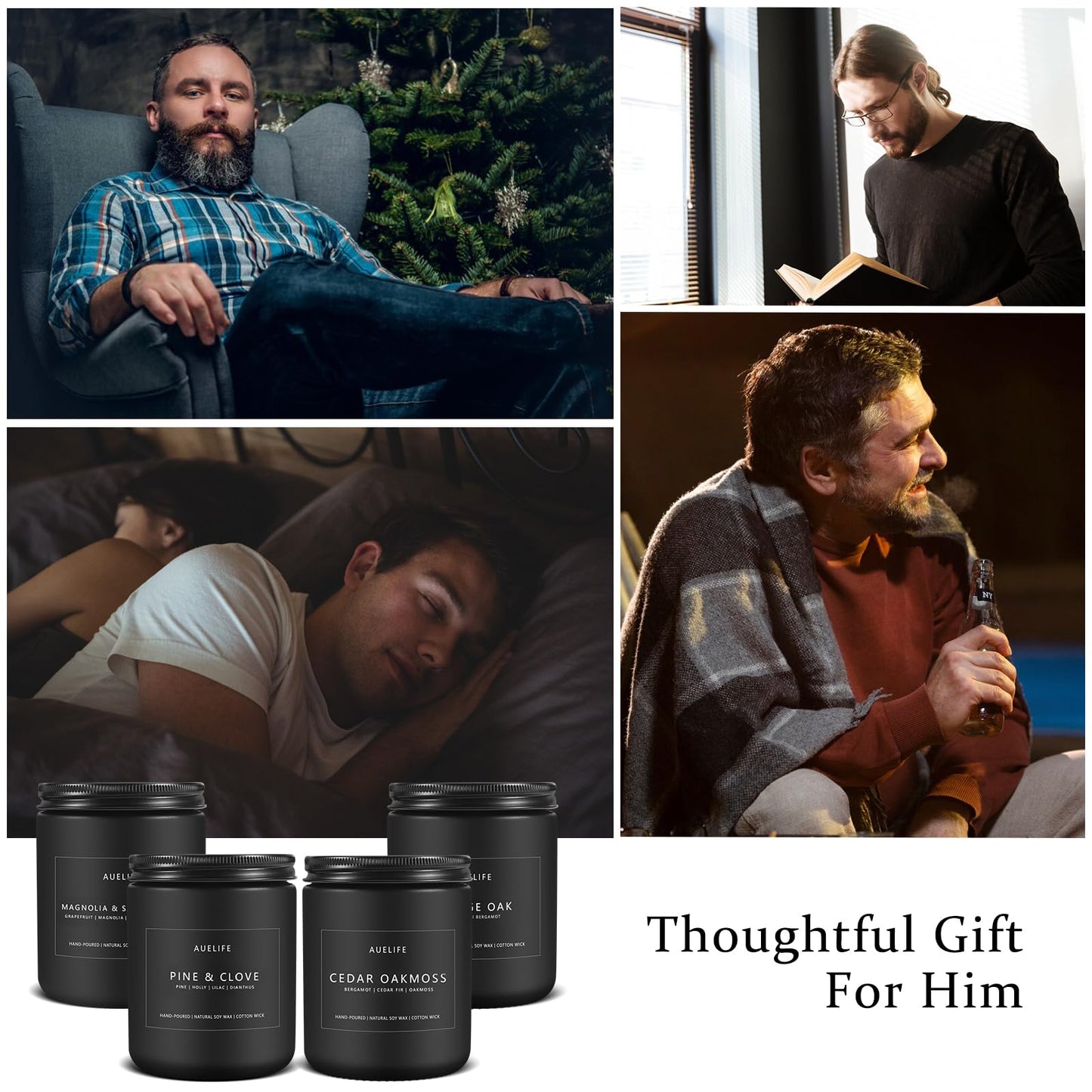 Scented Candles Set | Men Candle Set, Scented Candles for Home, Gifts for Men - 4 Pack Men Candle Gifts Soy Candles Scents of Lavender/Leather/Oak/Smoke & Vanilla