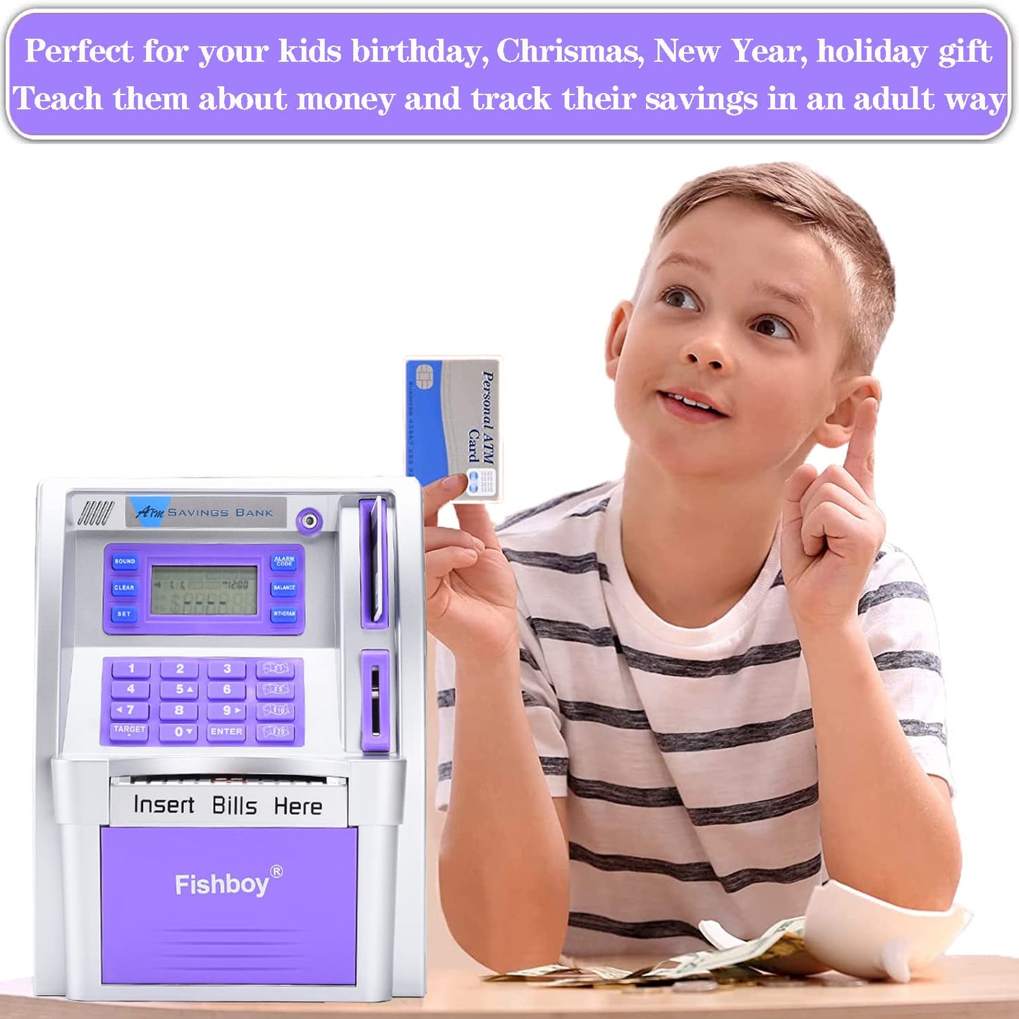 Fishboy Upgraded ATM Piggy Bank for Real Money for Kids with Debit Card, Bill Feeder, Coin Recognition, Balance Calculator, Digital Electronic Savings Safe Machine Box