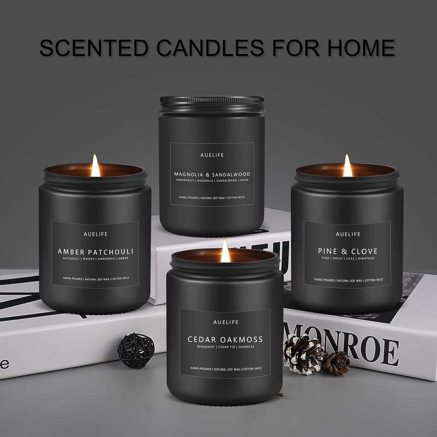 Scented Candles Set | Men Candle Set, Scented Candles for Home, Gifts for Men - 4 Pack Men Candle Gifts Soy Candles Scents of Lavender/Leather/Oak/Smoke & Vanilla