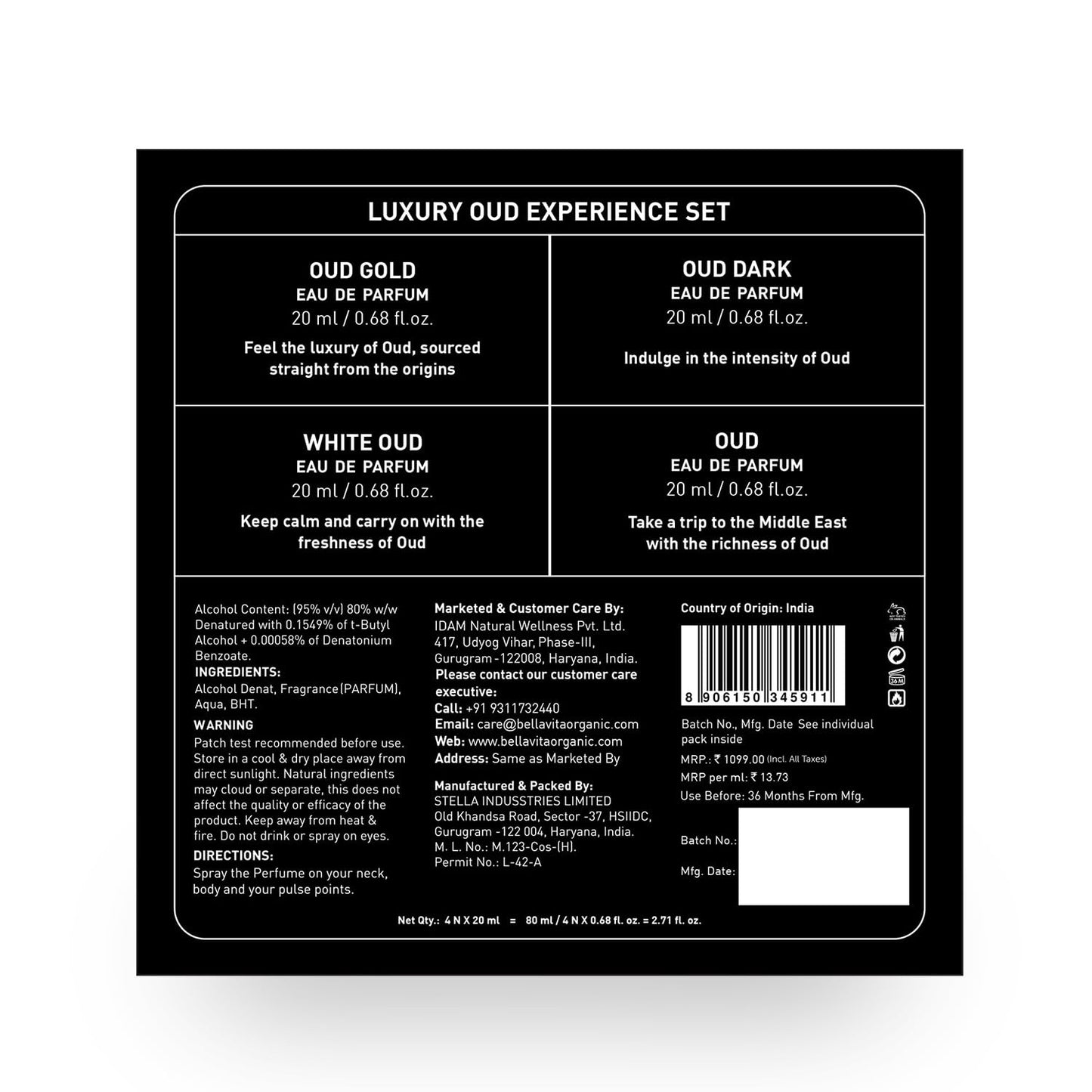 Perfume Set for Women and Men (4x0.68 fl. oz.) | Unisex | Includes: Skai, Fresh, White Oud, Honey Oud | Ideal for trials, gifting, or mix-and-match