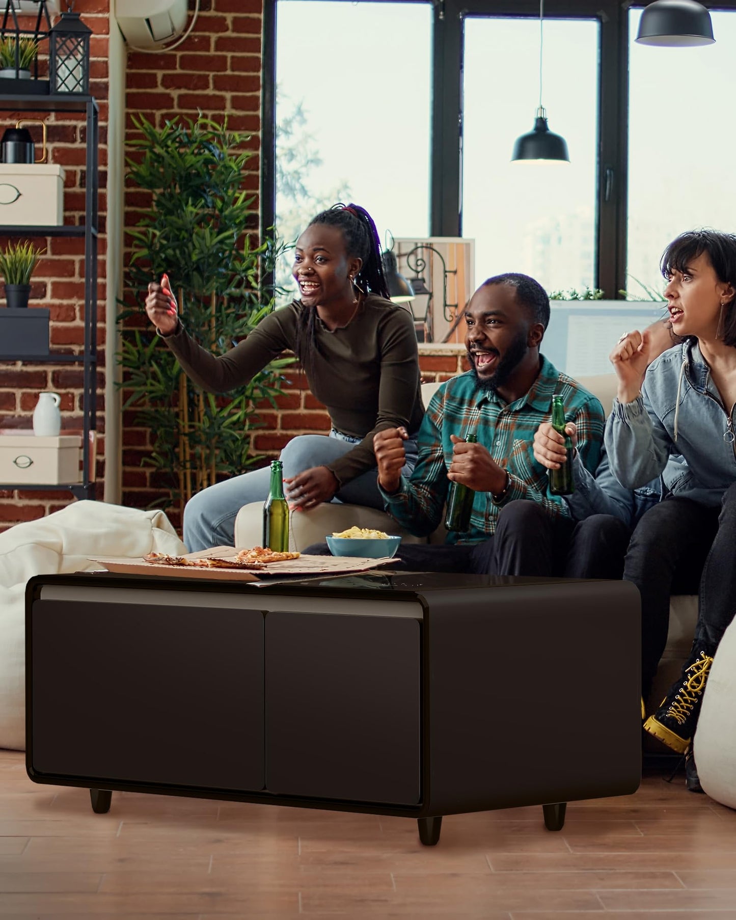LIVTAB Smart Coffee Table, 27.8" D x 51" W x 18.1" H, Living Room Table with Built in Fridge and Speakers, Smart Table with 15W Wireless Charging, USB Chargers and 110V Outlets (White)