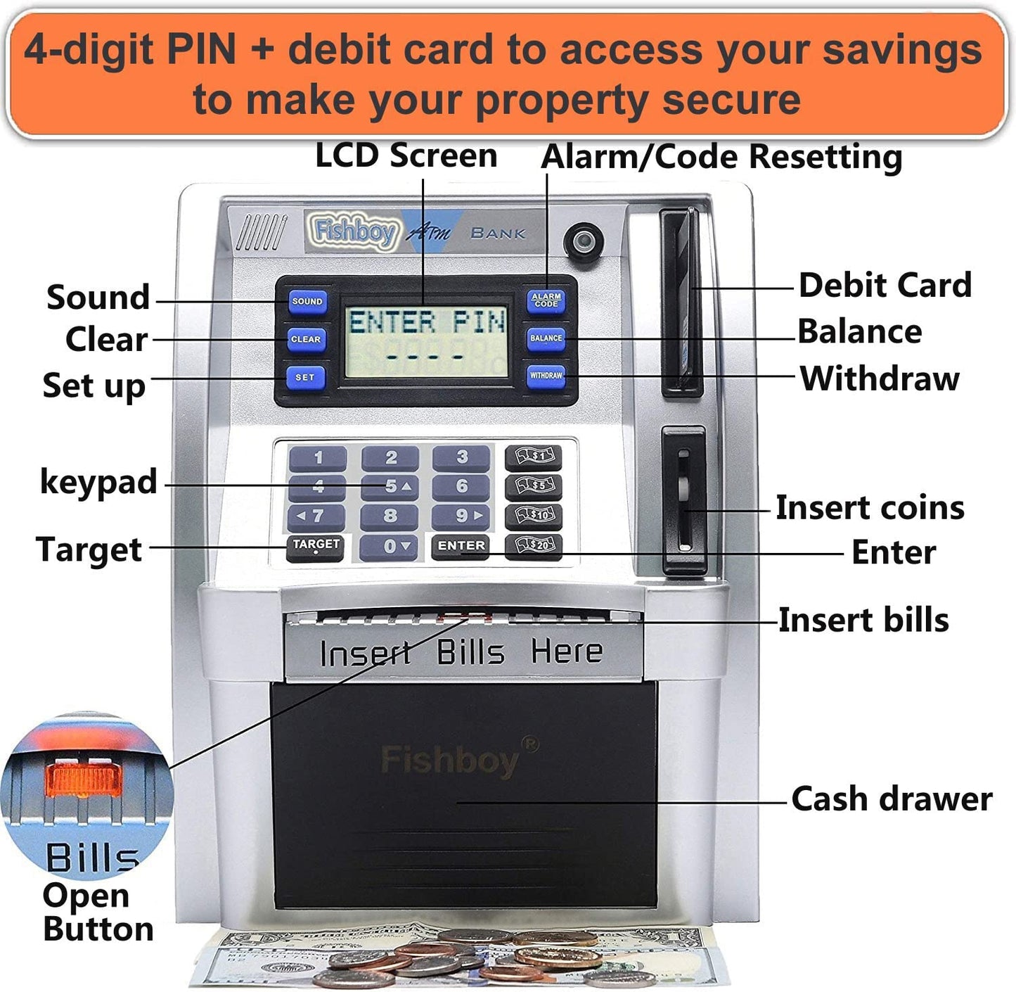 Fishboy Upgraded ATM Piggy Bank for Real Money for Kids with Debit Card, Bill Feeder, Coin Recognition, Balance Calculator, Digital Electronic Savings Safe Machine Box