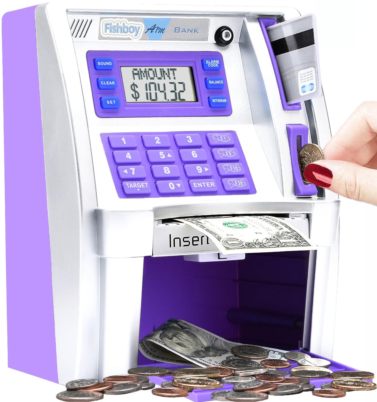 Fishboy Upgraded ATM Piggy Bank for Real Money for Kids with Debit Card, Bill Feeder, Coin Recognition, Balance Calculator, Digital Electronic Savings Safe Machine Box