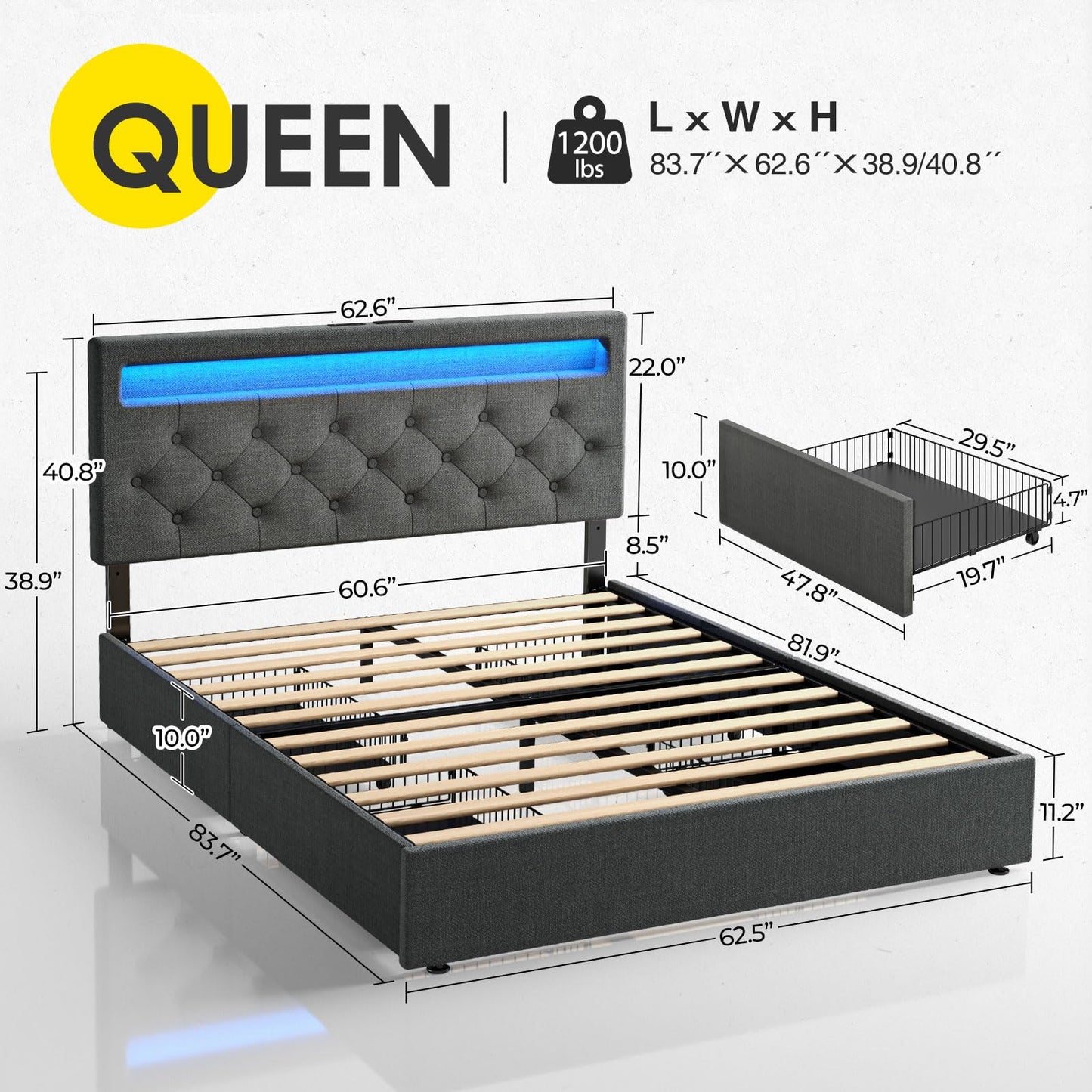 Rolanstar Twin Size Bed Frame with Charging Station and LED Lights, Upholstered Bed with Adjustable Headboard and 4 Storage Drawers, No Box Spring Needed, Easy Assembly, Dark Grey