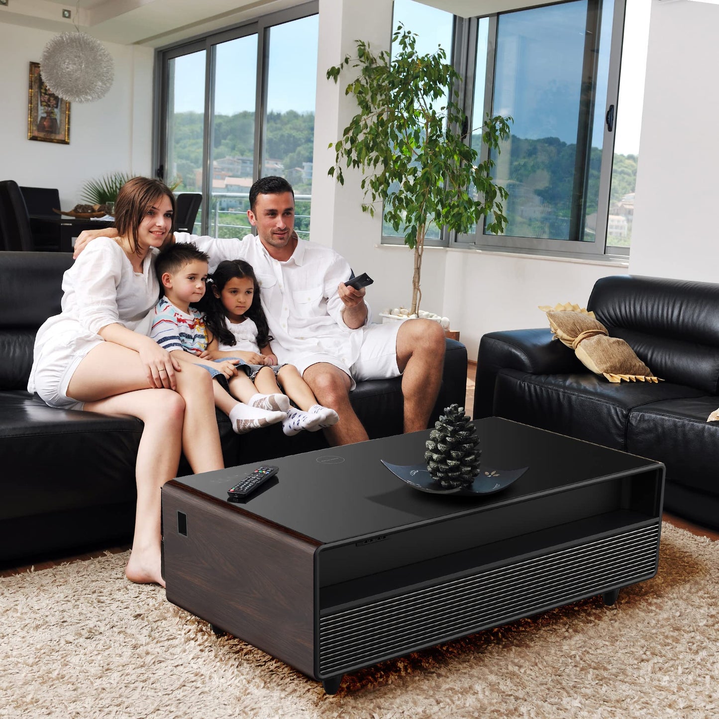 LIVTAB Smart Coffee Table, 27.8" D x 51" W x 18.1" H, Living Room Table with Built in Fridge and Speakers, Smart Table with 15W Wireless Charging, USB Chargers and 110V Outlets (White)