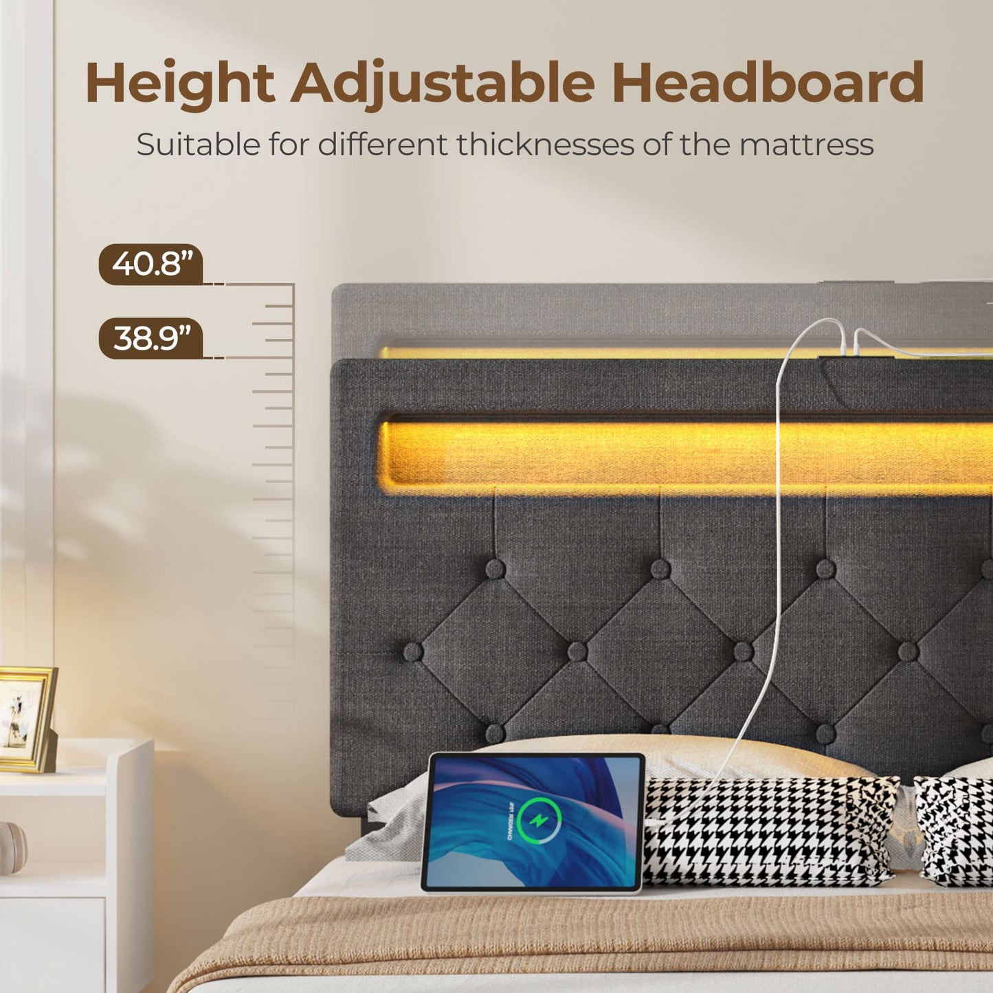 Rolanstar Twin Size Bed Frame with Charging Station and LED Lights, Upholstered Bed with Adjustable Headboard and 4 Storage Drawers, No Box Spring Needed, Easy Assembly, Dark Grey
