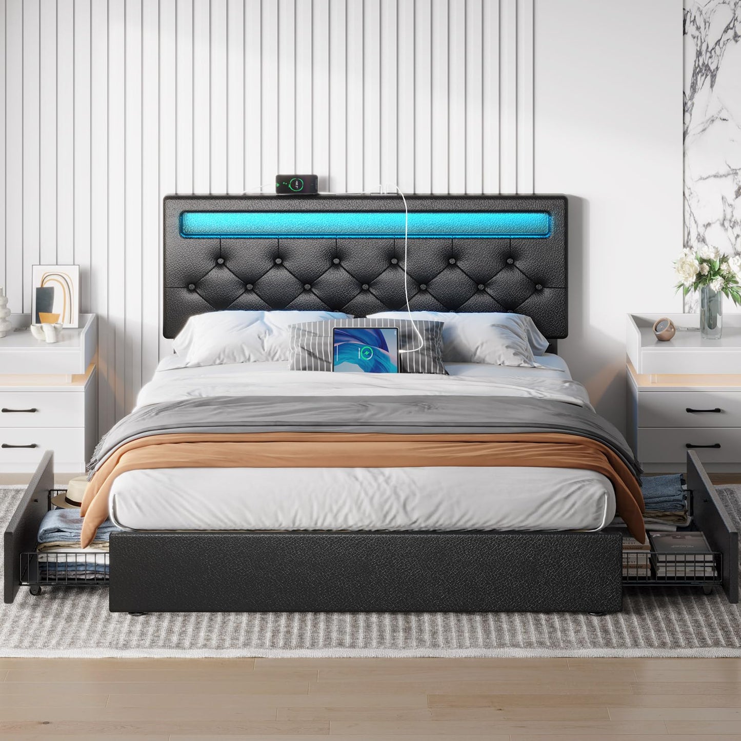 Rolanstar Twin Size Bed Frame with Charging Station and LED Lights, Upholstered Bed with Adjustable Headboard and 4 Storage Drawers, No Box Spring Needed, Easy Assembly, Dark Grey