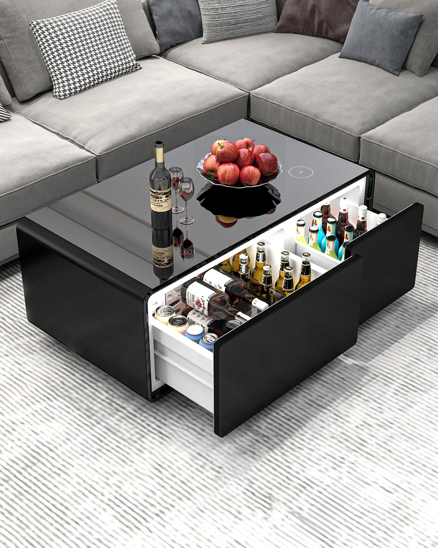 LIVTAB Smart Coffee Table, 27.8" D x 51" W x 18.1" H, Living Room Table with Built in Fridge and Speakers, Smart Table with 15W Wireless Charging, USB Chargers and 110V Outlets (White)
