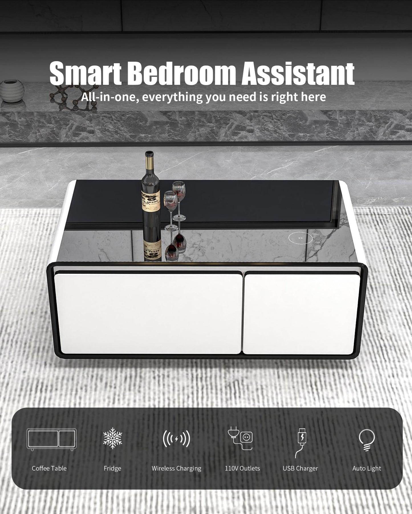 LIVTAB Smart Coffee Table, 27.8" D x 51" W x 18.1" H, Living Room Table with Built in Fridge and Speakers, Smart Table with 15W Wireless Charging, USB Chargers and 110V Outlets (White)