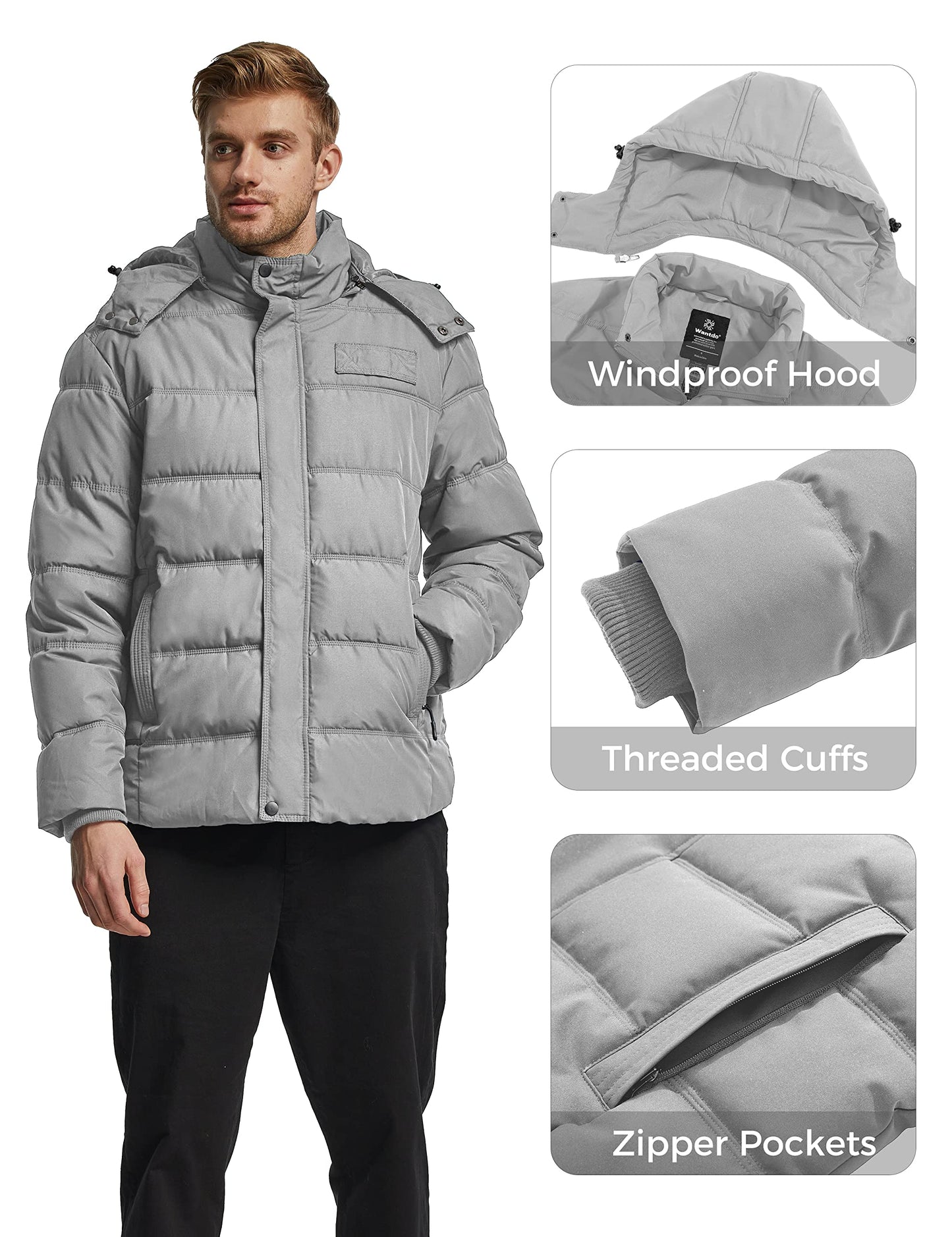 Wantdo Men's Hooded Winter Coat Warm Puffer Jacket Thicken Cotton Coat with Removable Hood