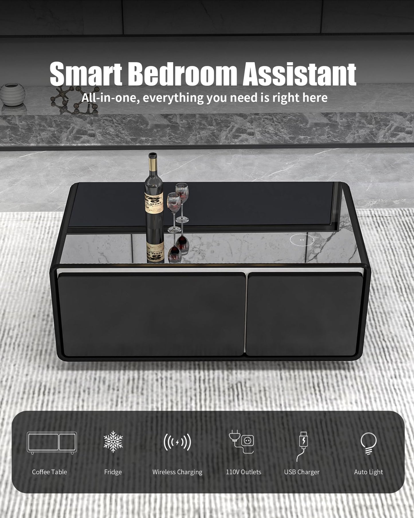 LIVTAB Smart Coffee Table, 27.8" D x 51" W x 18.1" H, Living Room Table with Built in Fridge and Speakers, Smart Table with 15W Wireless Charging, USB Chargers and 110V Outlets (White)