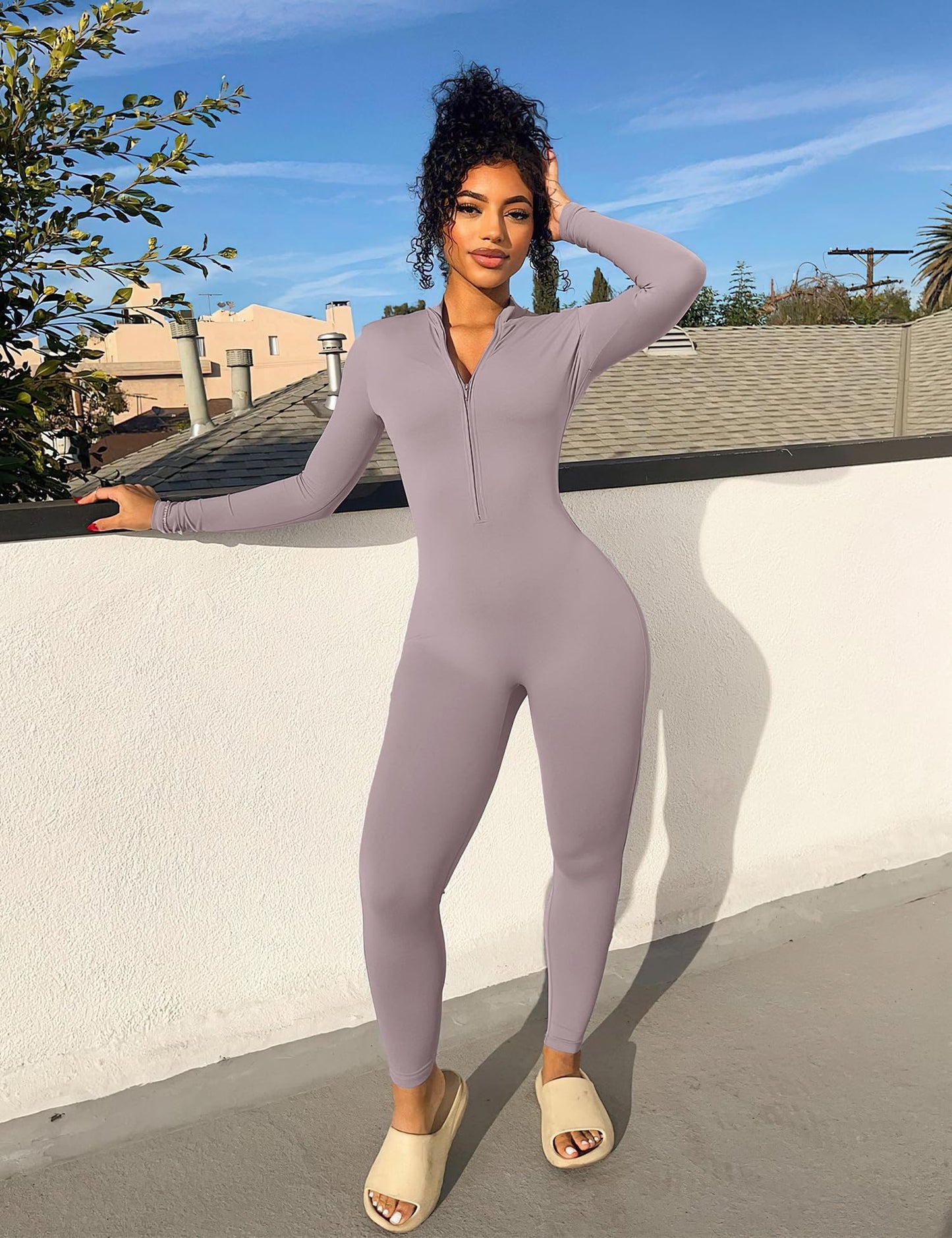 YEOREO Women Long Sleeve Workout Jumpsuit Zip Up Romper Bottom Pants Bodysuit Bodycon Sexy One Piece