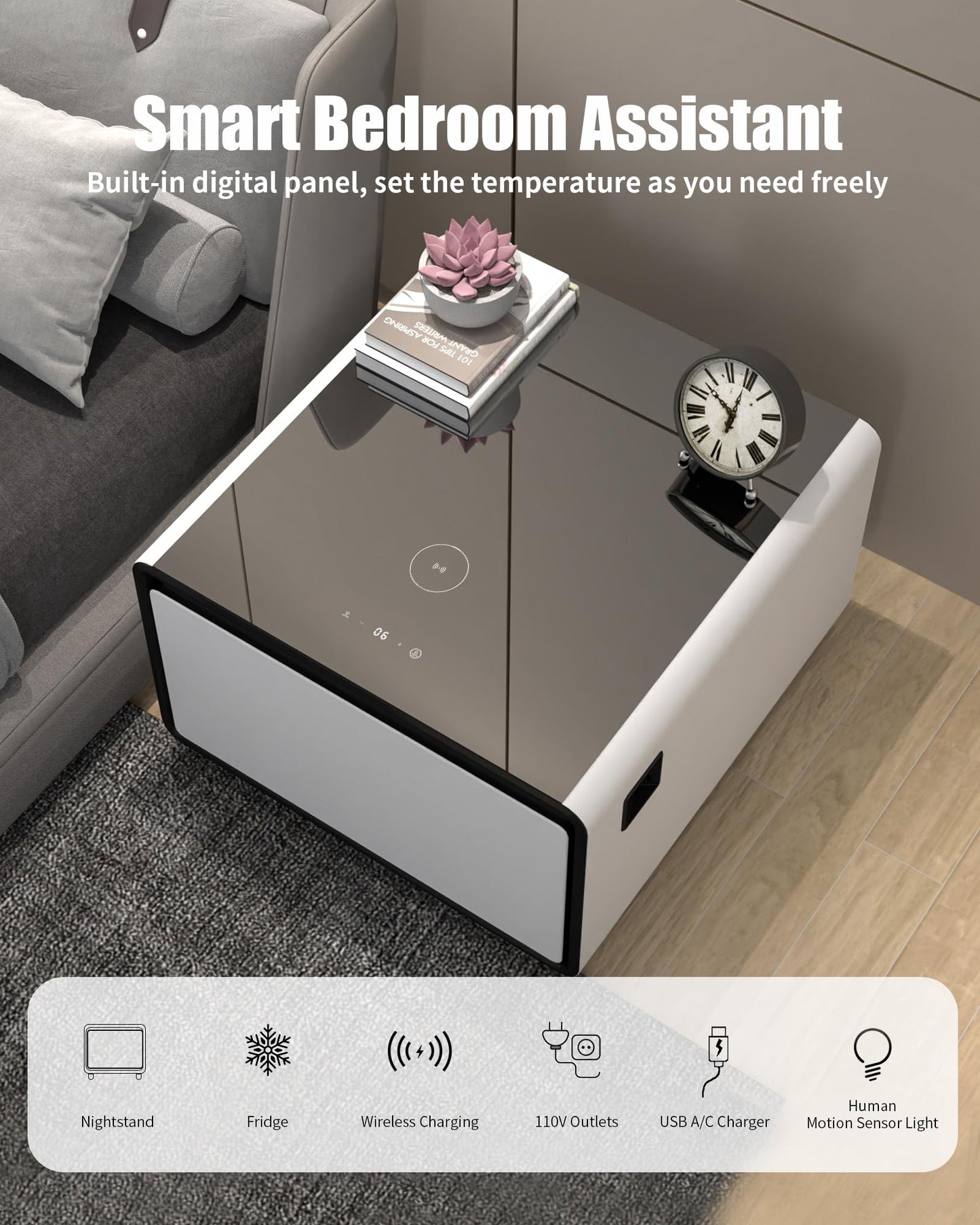 LIVTAB Smart Coffee Table, 27.8" D x 51" W x 18.1" H, Living Room Table with Built in Fridge and Speakers, Smart Table with 15W Wireless Charging, USB Chargers and 110V Outlets (White)