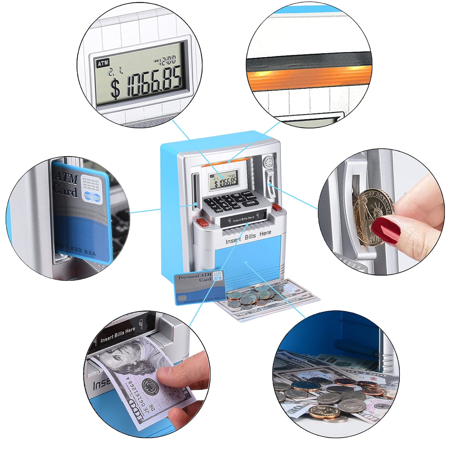 Fishboy Upgraded ATM Piggy Bank for Real Money for Kids with Debit Card, Bill Feeder, Coin Recognition, Balance Calculator, Digital Electronic Savings Safe Machine Box