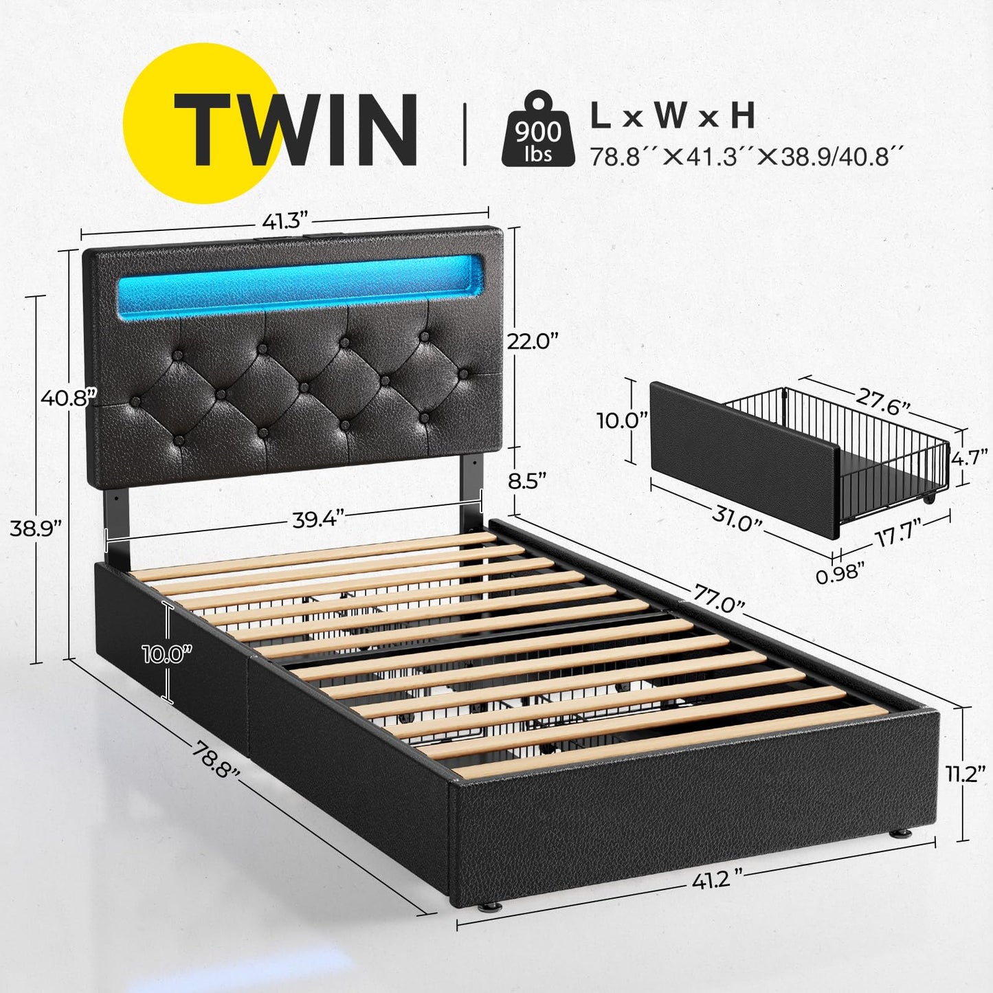 Rolanstar Twin Size Bed Frame with Charging Station and LED Lights, Upholstered Bed with Adjustable Headboard and 4 Storage Drawers, No Box Spring Needed, Easy Assembly, Dark Grey