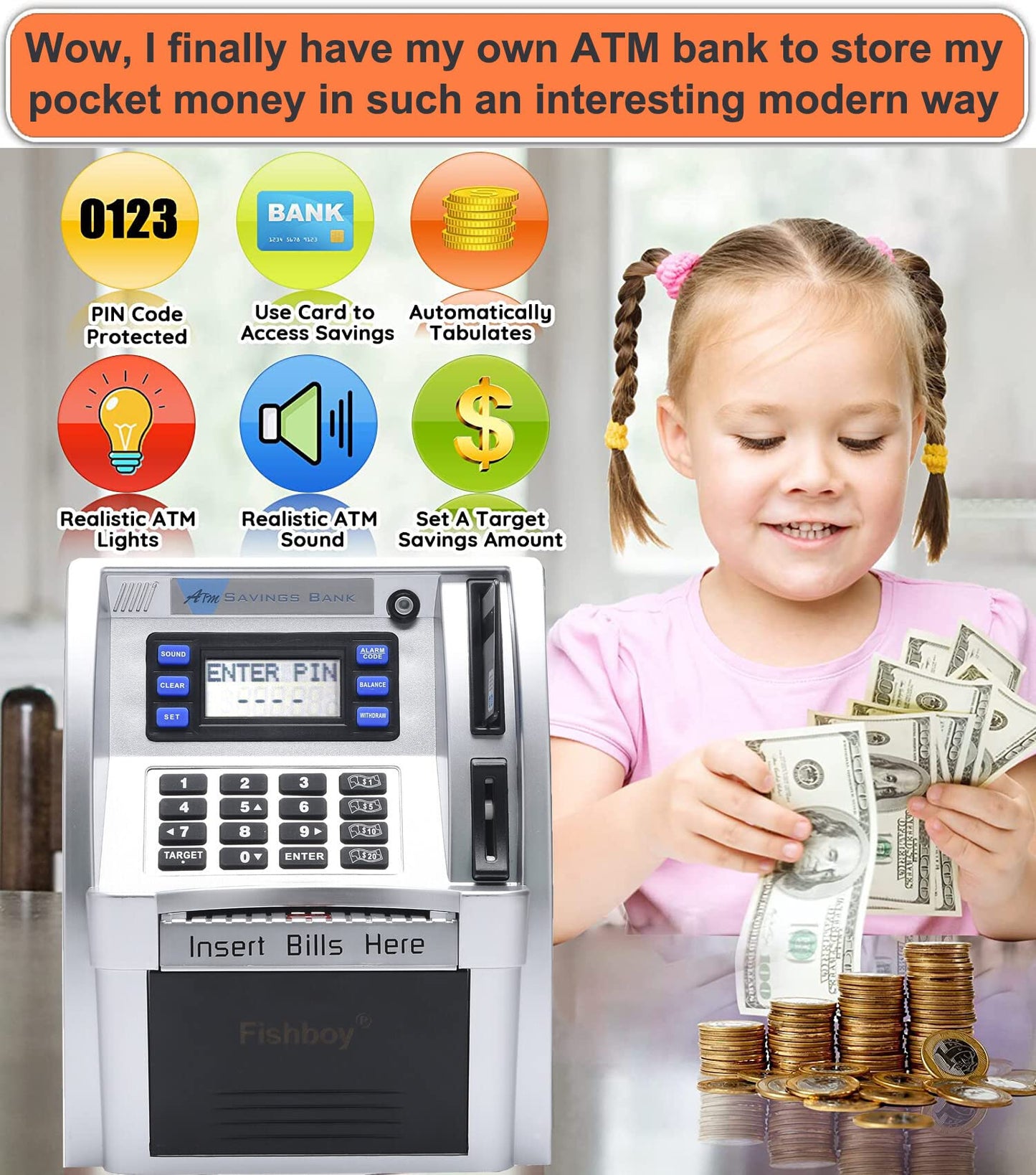 Fishboy Upgraded ATM Piggy Bank for Real Money for Kids with Debit Card, Bill Feeder, Coin Recognition, Balance Calculator, Digital Electronic Savings Safe Machine Box