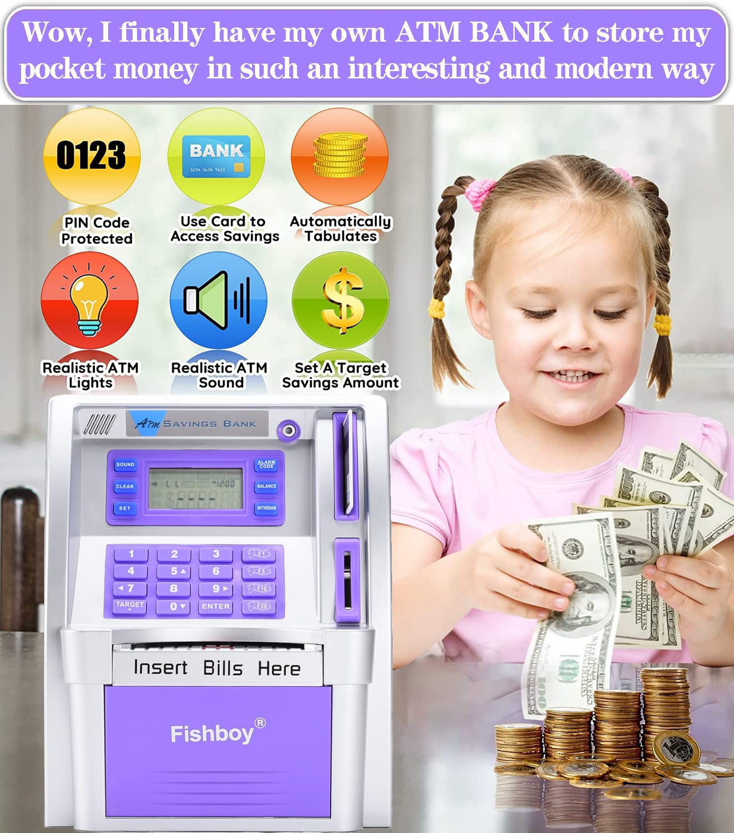 Fishboy Upgraded ATM Piggy Bank for Real Money for Kids with Debit Card, Bill Feeder, Coin Recognition, Balance Calculator, Digital Electronic Savings Safe Machine Box