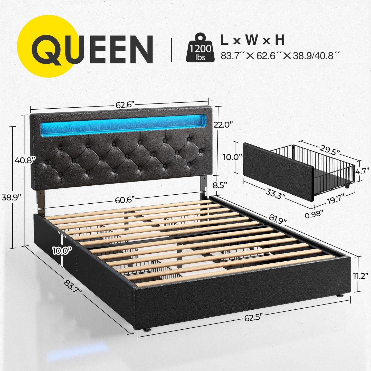 Rolanstar Twin Size Bed Frame with Charging Station and LED Lights, Upholstered Bed with Adjustable Headboard and 4 Storage Drawers, No Box Spring Needed, Easy Assembly, Dark Grey