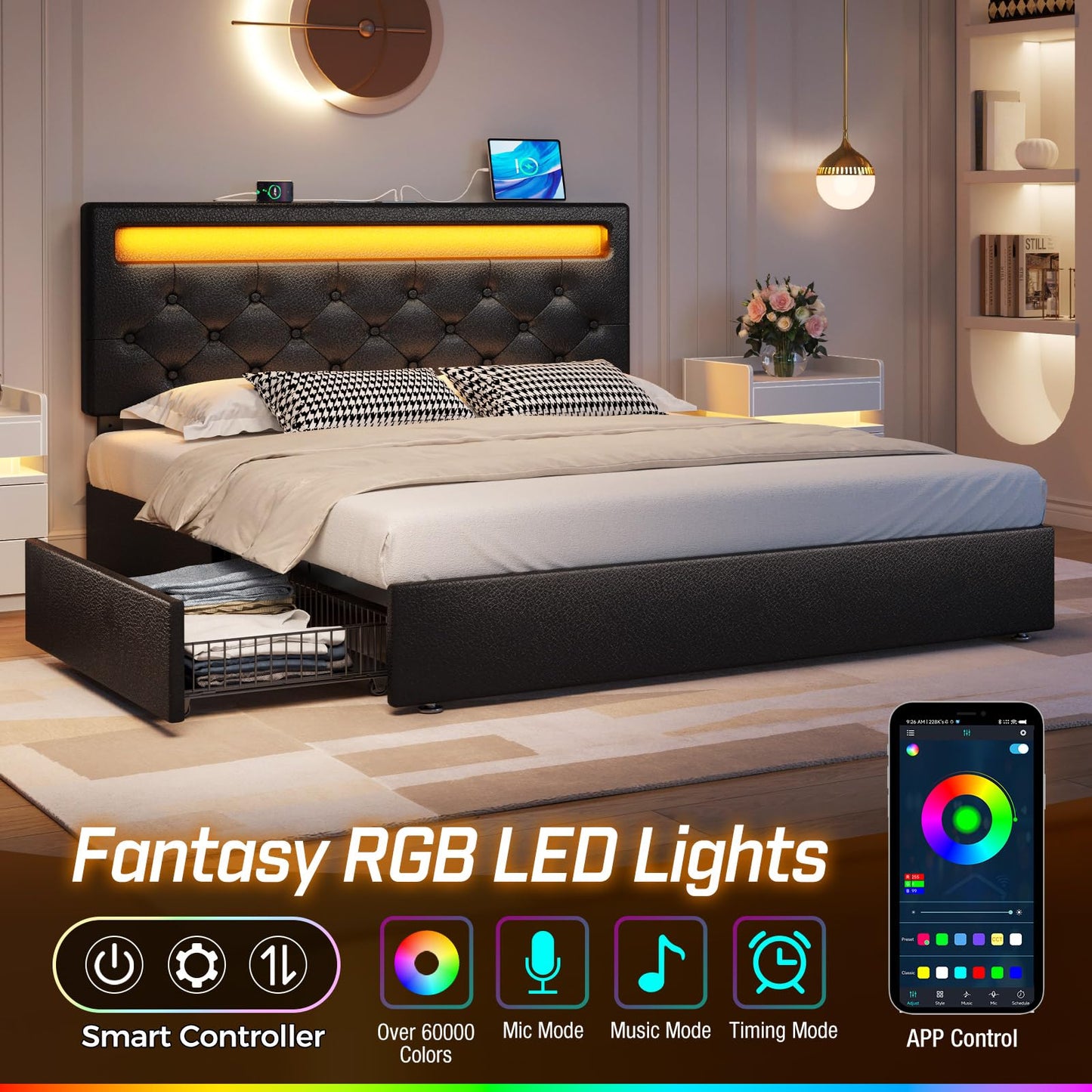 Rolanstar Twin Size Bed Frame with Charging Station and LED Lights, Upholstered Bed with Adjustable Headboard and 4 Storage Drawers, No Box Spring Needed, Easy Assembly, Dark Grey