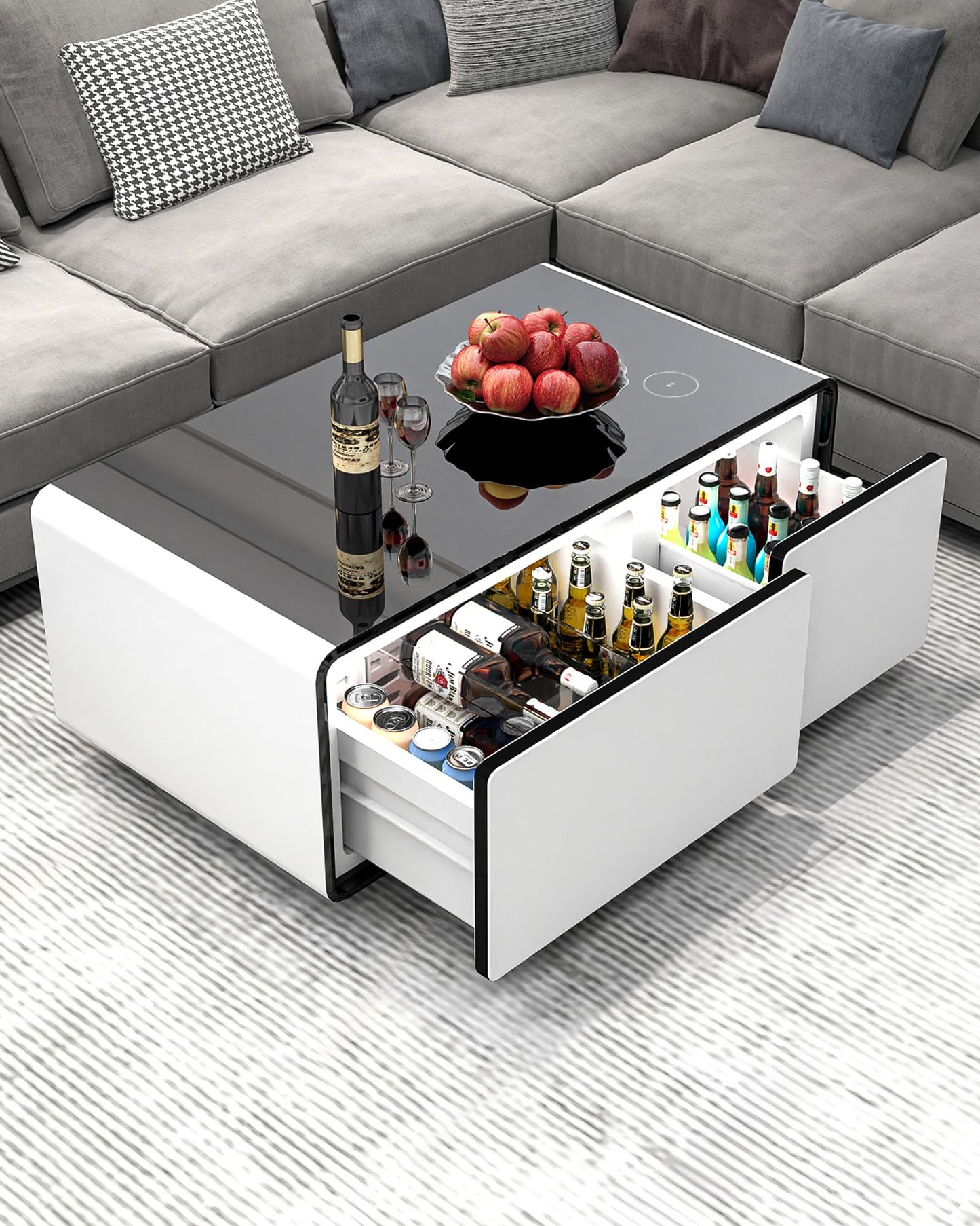 LIVTAB Smart Coffee Table, 27.8" D x 51" W x 18.1" H, Living Room Table with Built in Fridge and Speakers, Smart Table with 15W Wireless Charging, USB Chargers and 110V Outlets (White)