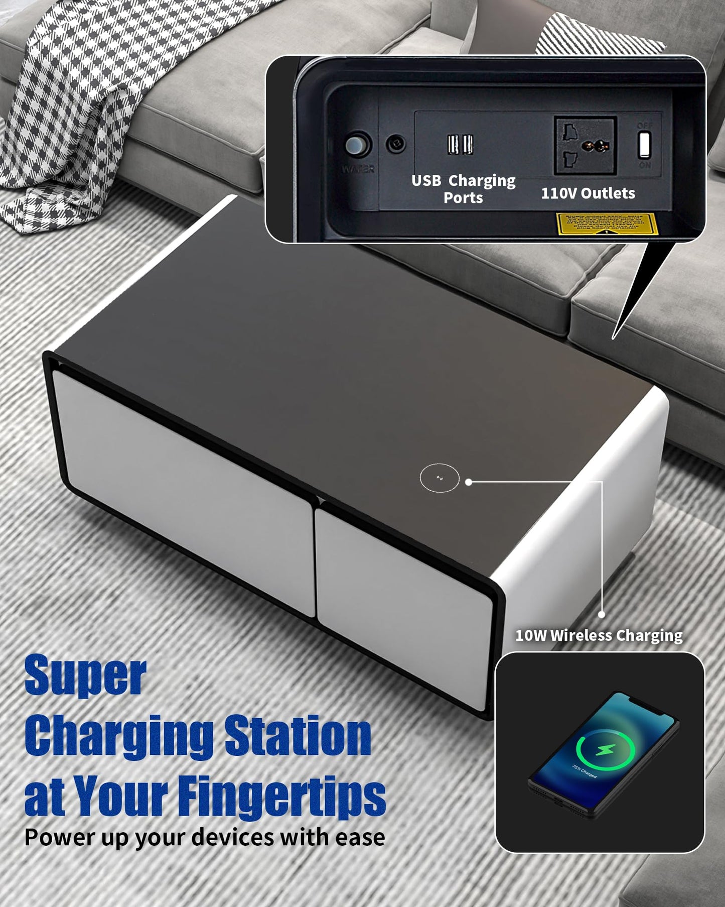 LIVTAB Smart Coffee Table, 27.8" D x 51" W x 18.1" H, Living Room Table with Built in Fridge and Speakers, Smart Table with 15W Wireless Charging, USB Chargers and 110V Outlets (White)