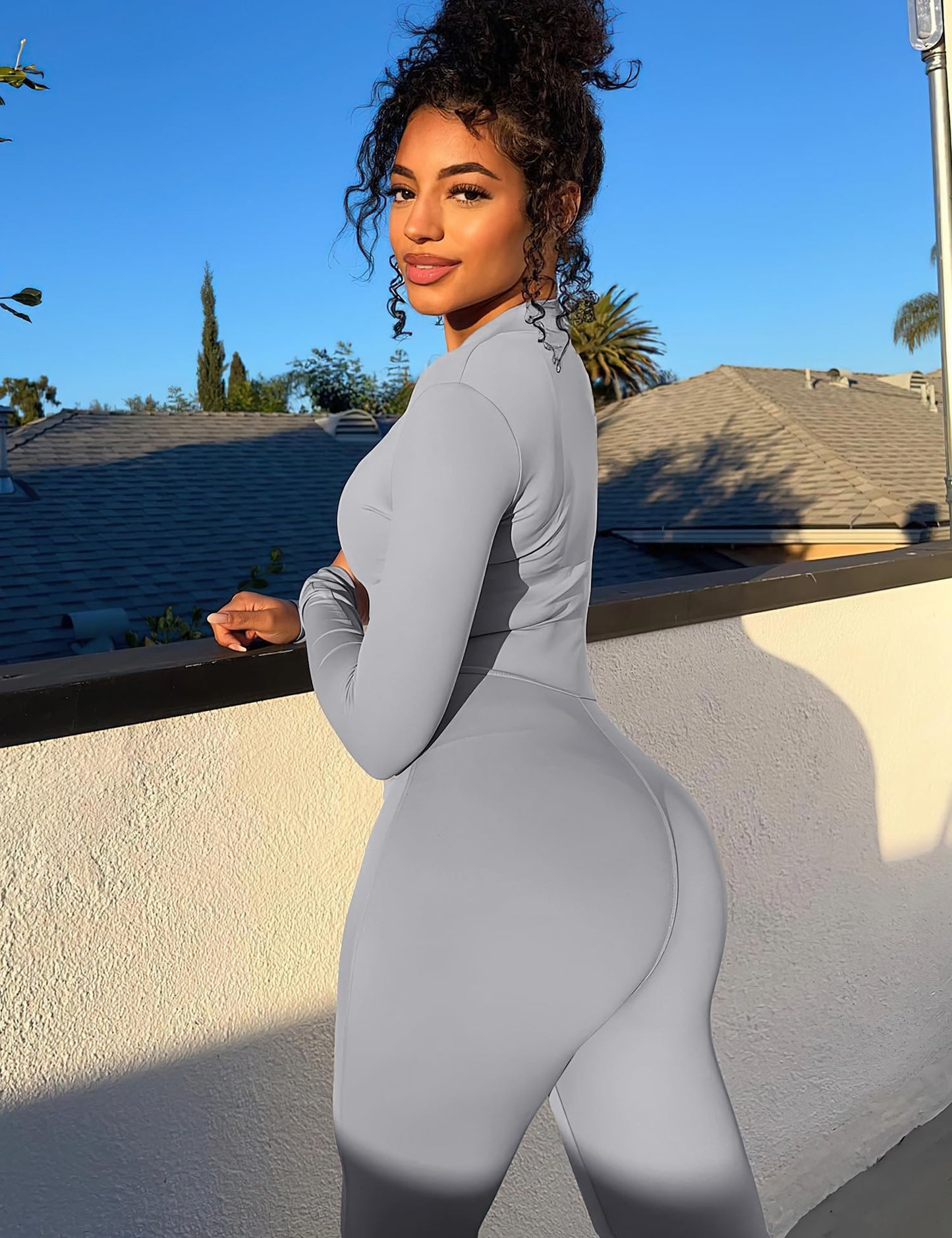 YEOREO Women Long Sleeve Workout Jumpsuit Zip Up Romper Bottom Pants Bodysuit Bodycon Sexy One Piece