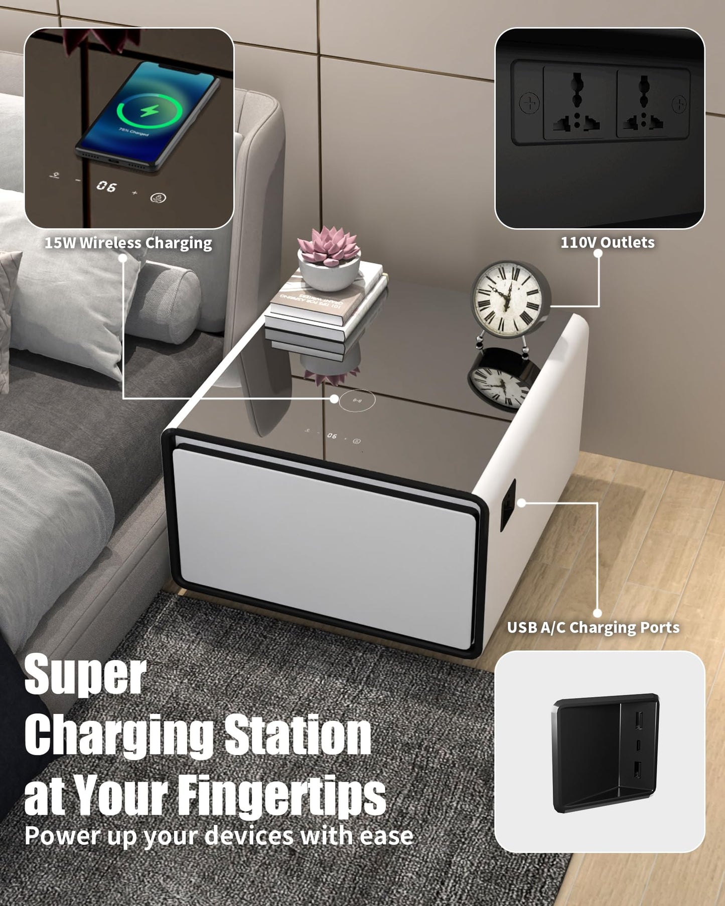 LIVTAB Smart Coffee Table, 27.8" D x 51" W x 18.1" H, Living Room Table with Built in Fridge and Speakers, Smart Table with 15W Wireless Charging, USB Chargers and 110V Outlets (White)